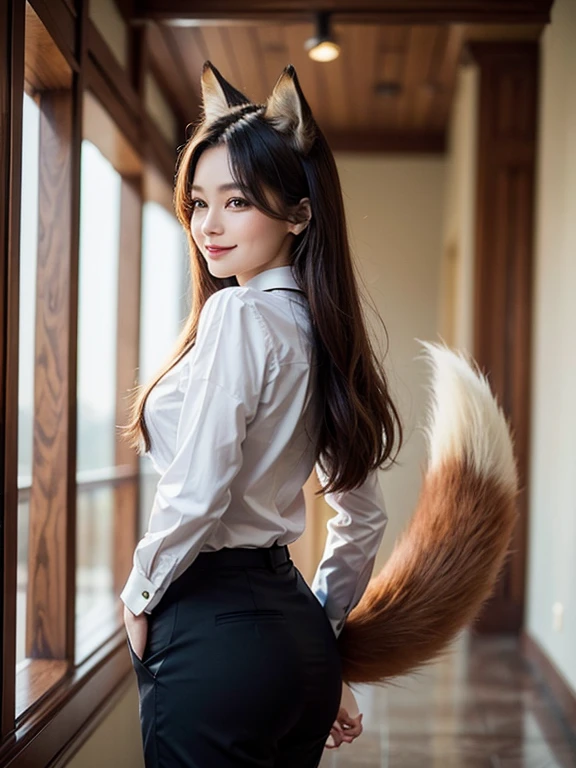 ((highest quality, 32k)), ((masterpiece)), (Get used to it), Perfect Face, Fox Girl, Beautiful woman, public, There is a tail, she has a fox tail, She wags her fluffy tail, smile, collar, She wears a business suit, Beautiful hip line, A tail sticking out from a business suit