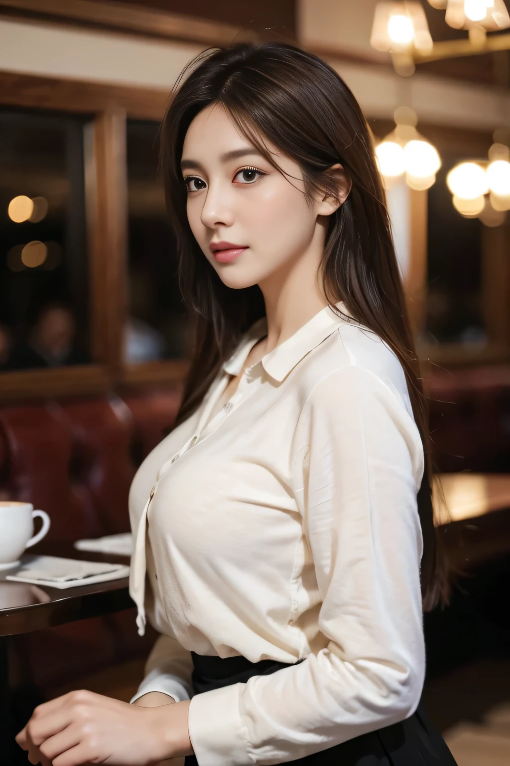masterpiece, highest quality, Realistic, Very detailed, Finer details, High resolution, 8k wallpaper, One beautiful woman, Wear casual business attire, In a great restaurant, At night, Light brown messy hair, Perfect dynamic composition, Beautiful and beautiful eyes