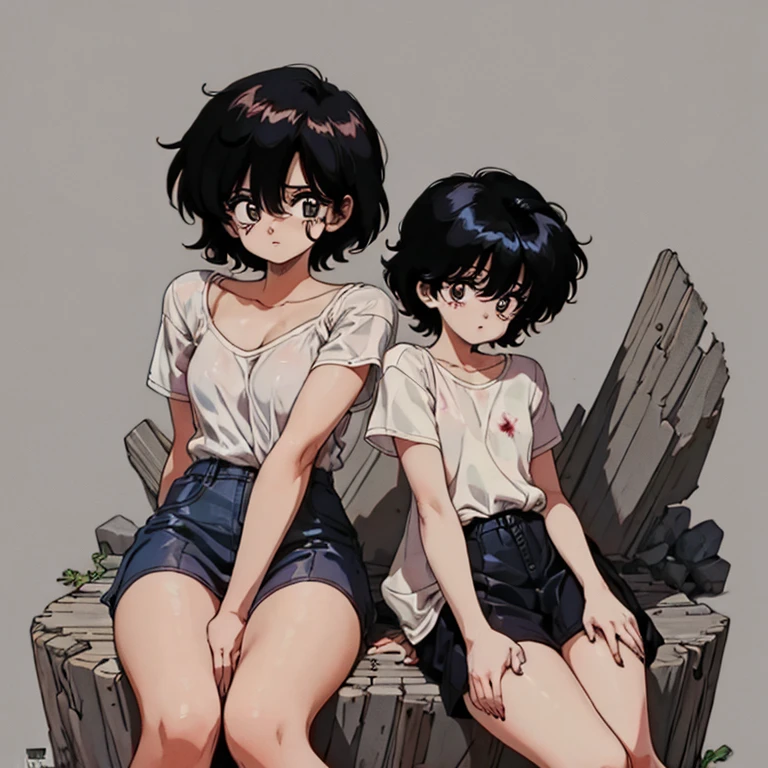 masterpiece, best quality, (((1girl and 1boy))), (((((a girl facing the viewer while talking to a short haired boy seen who gives shoulders to viewer))))),(((((beach huts under the maritime pines))))((((both have BLACK HAIR)))), both are 13 years old, full figure, (((one boy and one girl))), ((((girl has mullet haircut)))), (girl has very short hair on the forehead), ((parts his hair to the centre)), (((((girl has hair short on the front and a bit longer on the back))))), ((((girl has one-piece Fiorucci '80s bathing suit with a five-pointed starred motif)))), ((((boy has visible hawaian beach boxers)))), at the beach, 1987, ((maritime pines)), side bangs, side tufts, closed_mouth, lineart, (((monochrome))), seafront, summer, in the style of Rumiko Takahashi, Hisashi Eguchi, joy of adolescence, ((((looking at the viewer)))), (((frontal view))), (girl is yawning), greeting pose, (((girl has both hands behind the back))), (((GIRL's BODY FACING THE CAMERA))), [straw hat], (((girl has long tufts on the NAPE))), (from below: 1.2)