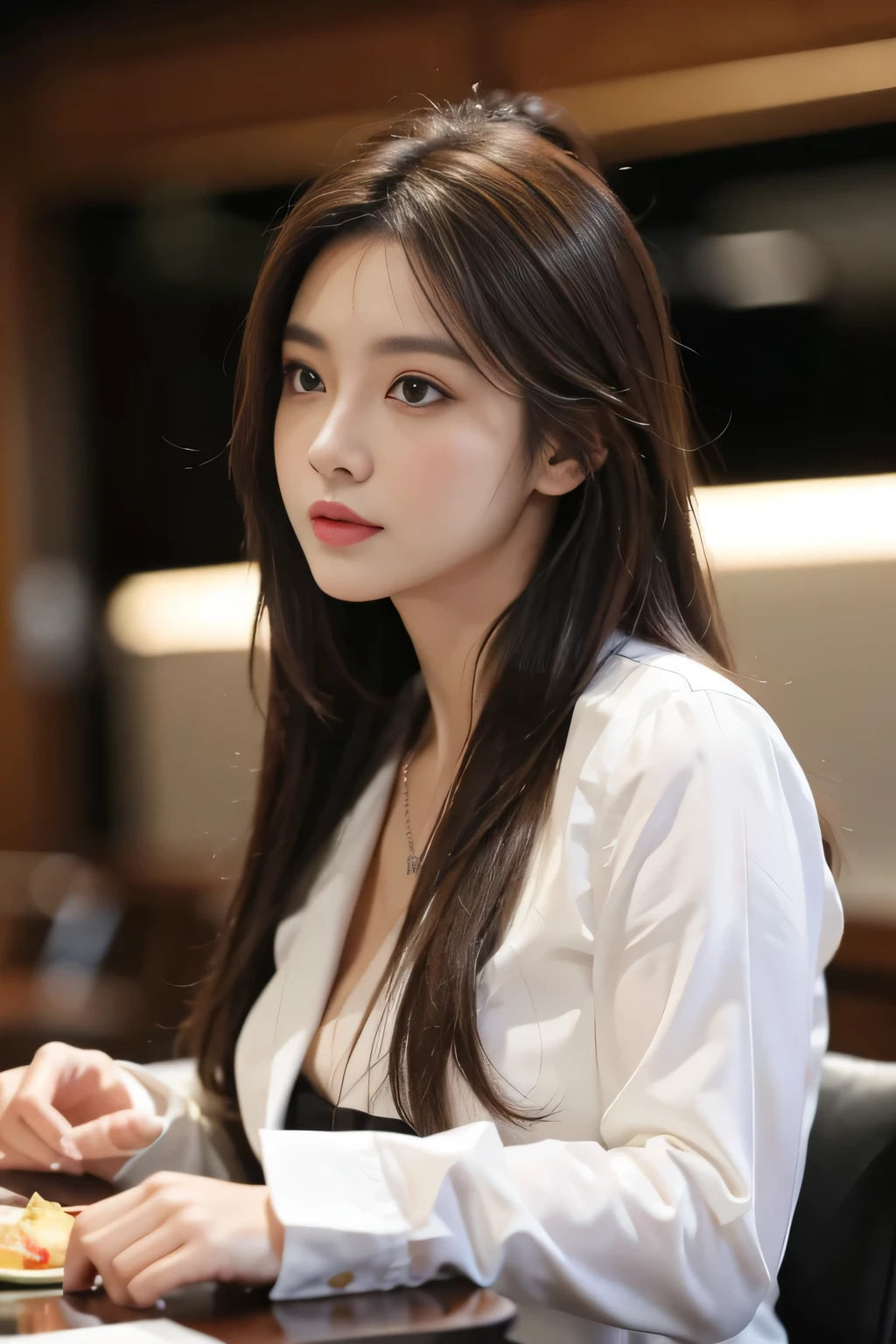 masterpiece, highest quality, Realistic, Very detailed, Finer details, High resolution, 8k wallpaper, One beautiful woman, Wear casual business attire, In a great restaurant, At night, Light brown messy hair, Perfect dynamic composition, Beautiful and beautiful eyes