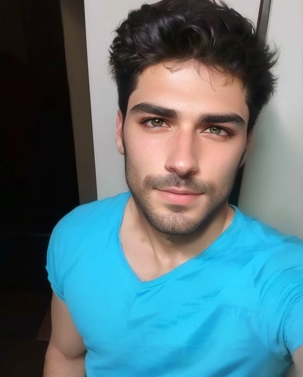Homem com barba e camisa azul tirando selfie, rosto bonito and beautiful face, bonito e atraente, com uma pequena barba, inspirado em Adam Dario Keel, rosto bonito, Miguel Iglesias, mid shot of a handsome guy, homem bonito, rosto bonito e atraente, Christian Dimitrov, atraente e bonito, cara muito bonita!!