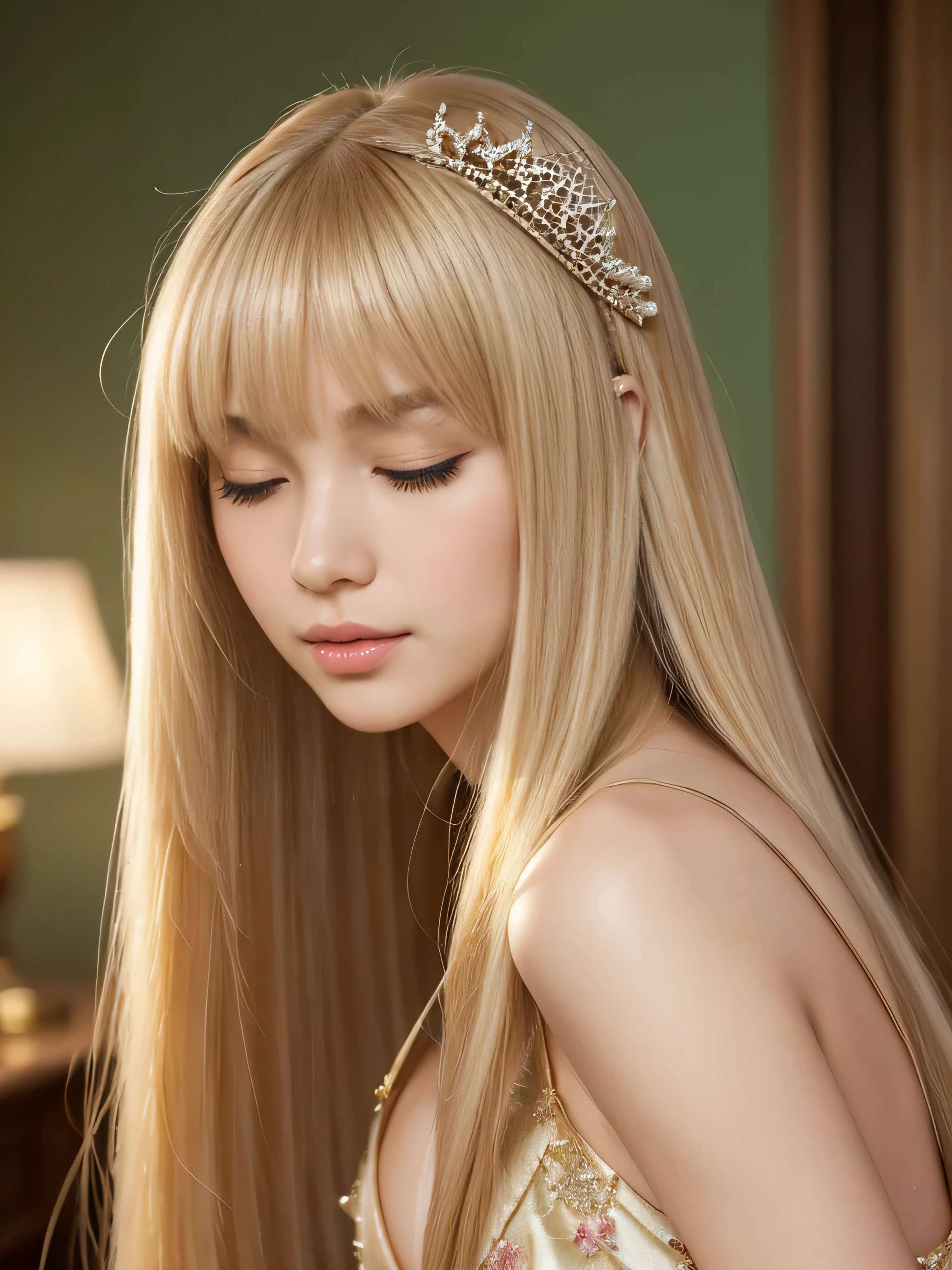 ((Face close-up))　(Sensual kissing face with eyes closed:1.5)　(Large Breasts:1.4)　Beautiful Fantasy Girl　((highest quality)), ((masterpiece)), (Get used to it), Perfect Face　(1 girl)　(French)　(She is 18 years old、The cutest teen in France.)　((highest quality)), ((masterpiece)), length blonde hair 　length, Shining golden hair,Golden Silky Hair, Straight blonde hair, length blonde straight hair, Perfect Silky Straight Hair, Straight blonde hair, length blonde hair, Her hair is long and straight, detailed length blonde hair　((big 1.4))　Super Long Hair down to the ankles　((Neat bangs　The neatly trimmed bangs are princess cut and cover the entire forehead.......))...　Bright crimson lips　good, Anatomically correct hand　Thin fingers　Anatomically correct five fingers　Sexy professional makeup　Beautiful French girl face, French facial features, Long Hair shiny Long Hair, length, Shining golden hair, length, Straight Golden Hair, Her hair is long and straight, Super Long Hair girl, Silky Hair, length blonde hair, Silky Hair, length, Flat Hair, Silky texture, Long Hair, length, flowing blonde hair, thin and shiny hair　Anatomically correct、White beautiful human skin and detail of hands and fingers　Beautiful Eyes　Mouth Details　the corners of the mouth rise slightly　Cool look　　(The eyebrow color is dark brown.)　　(Yellow dress posing for a picture, Disney Portraits, tumbler, shin hanga, wearing organza gown, dressed beautiful gown, lady using Yellow dress, color: Yellow, A woman wearing a sparkly floral dress, elegant Yellow skin, gown, Fantasy Dress, Formal Wear, light Yellow　beautiful gown, Yellow theme　)　(This is a luxury hotel room with a gold-colored bed and white walls.)　(She is sitting in a random pose and facing the viewer)