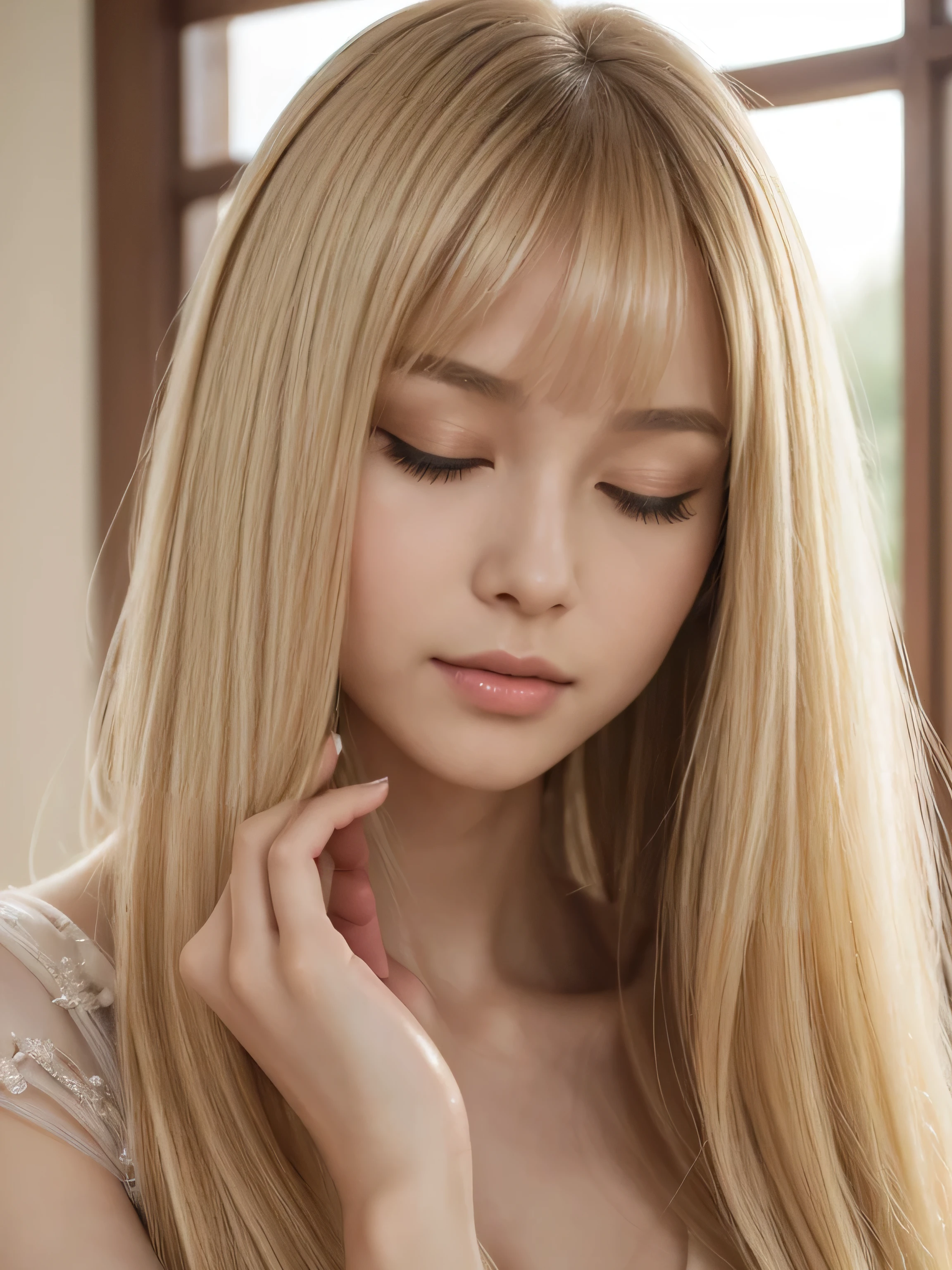 ((Face close-up))　(Sensual kissing face with eyes closed:1.5)　(Large Breasts:1.4)　Beautiful Fantasy Girl　((highest quality)), ((masterpiece)), (Get used to it), Perfect Face　(1 girl)　(French)　(She is 18 years old、The cutest teen in France.)　((highest quality)), ((masterpiece)), length blonde hair 　length, Shining golden hair,Golden Silky Hair, Straight blonde hair, length blonde straight hair, Perfect Silky Straight Hair, Straight blonde hair, length blonde hair, Her hair is long and straight, detailed length blonde hair　((big 1.4))　Super Long Hair down to the ankles　((Neat bangs　The neatly trimmed bangs are princess cut and cover the entire forehead.......))...　Bright crimson lips　good, Anatomically correct hand　Thin fingers　Anatomically correct five fingers　Sexy professional makeup　Beautiful French girl face, French facial features, Long Hair shiny Long Hair, length, Shining golden hair, length, Straight Golden Hair, Her hair is long and straight, Super Long Hair girl, Silky Hair, length blonde hair, Silky Hair, length, Flat Hair, Silky texture, Long Hair, length, flowing blonde hair, thin and shiny hair　Anatomically correct、White beautiful human skin and detail of hands and fingers　Beautiful Eyes　Mouth Details　the corners of the mouth rise slightly　Cool look　　(The eyebrow color is dark brown.)　　(Yellow dress posing for a picture, Disney Portraits, tumbler, shin hanga, wearing organza gown, dressed beautiful gown, lady using Yellow dress, color: Yellow, A woman wearing a sparkly floral dress, elegant Yellow skin, gown, Fantasy Dress, Formal Wear, light Yellow　beautiful gown, Yellow theme　)　(This is a luxury hotel room with a gold-colored bed and white walls.)　(She is sitting in a random pose and facing the viewer)