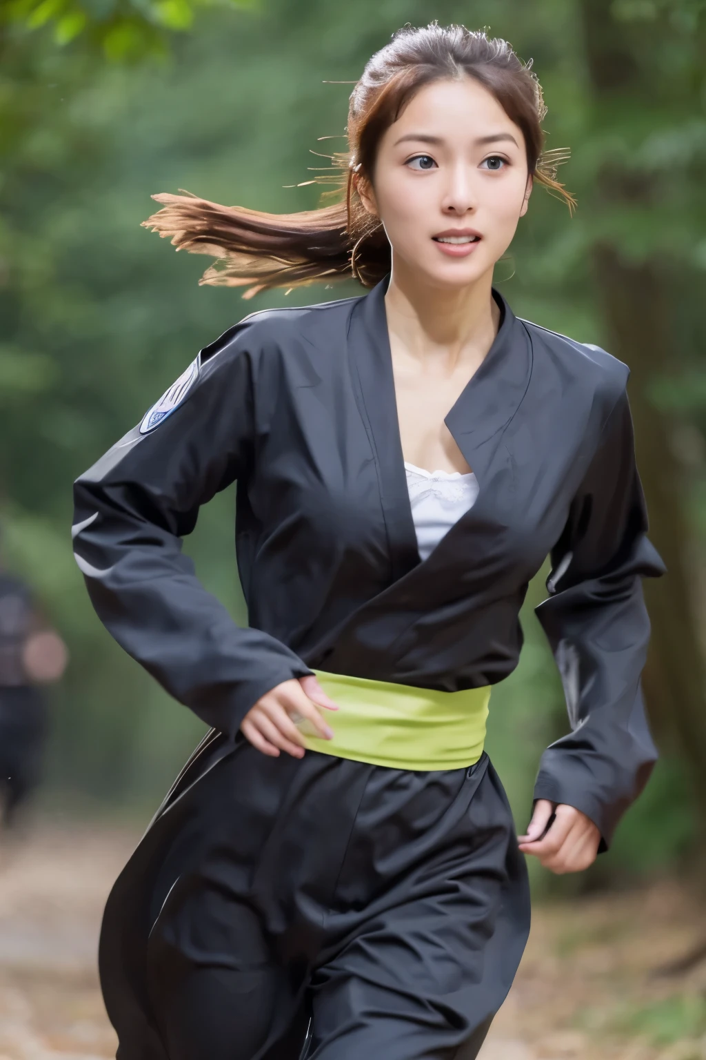 skinny Japanese woman in black Ninja kimono costume running to escape in the dark forest, beautiful face, ((detailed face, detailed eyes)), high quality, high resolution, hyperrealistic photo, award-winning, masterpiece