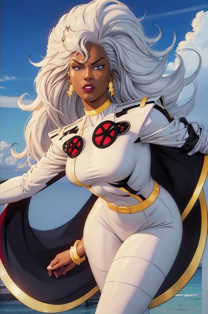 CARTOON_X_MENs_Storm,ownwaifu, long hair,white hair,dark skin,dark-skinned female,breasts,lips,blue eyes,very dark skin,medium breasts,lipstick,floating hair,very long hair,makeup,big hair,curly hair,red lips,eyelashes,toned, jewelry,earrings,cape,bracelet,bodysuit,gloves,superhero,choker, 1girl, solo, looking at viewer,straight-on, upper body, official art, highres, scenery, (masterpiece:1.1), (best quality,:1.1), (high quality:1.1), (anime screencap:1.2),