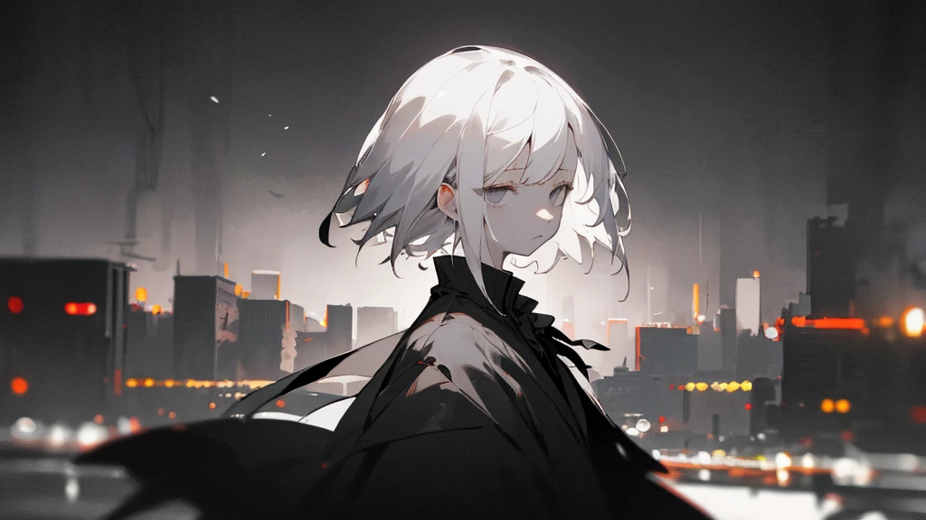(masterpiece、highest quality)、Short nape hair、1 girl with very short white hair、Black cardigan、Grim expression、Grey Eyes、Warm lighting、 Blurred foreground、Deep in the night、High Contrast、night、In the city,it's snowing,Heavy snowfall,winter,Alone in the vast snowy field,whole body,curse,Facing forward,Huge construction,moon,blue sky