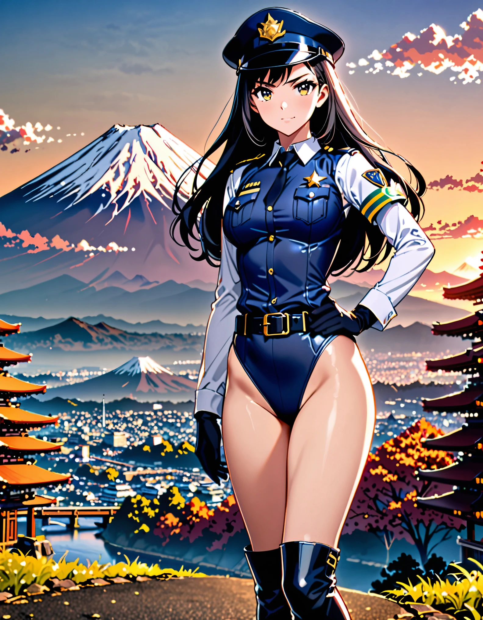 (masterpiece), (best quality), (high res),1girl, tall body, ((long hair, jet black hair)), (hazel eyes) beautiful detailed eyes, beautiful detailed face, cute face, perfect hands, complete fingers, perfect anatomy, perfect proportions, ((hat, black police hat)), ((leotard, matching leotard, bare legs)), ((boots, matching boots)), breasts, medium breasts, fingerless gloves, (full body portrait), looking at viewer, solo, solo focus, standing, police uniform, cowboy shot, mount fuji backdrop, outdoors, (belt, tight belt), (armbands, white sleeves), one hand on hip, serious, full body costume design.