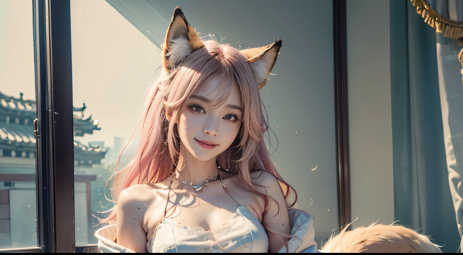 Nine snow-white fox tails (1.0), Milky white fox tail (1.0), Close-up of nine-tailed fox, Nine Tails, Nine Tails, anime manga girl，Pink hair，Pink skirt，flowers in his hair, Very beautiful anime fox girl, Beautiful anime fox girl, Beautiful fantasy anime, Gu Weiss, Anime girl with fox ears, Beautiful anime girl, Very beautiful and cute fox girl, Pink Flower Rain, the background blurs, Anime style 4k, Anime Fantasy Artwork, 4k anime wallpaper, Old Wes (gouves) Style artwork