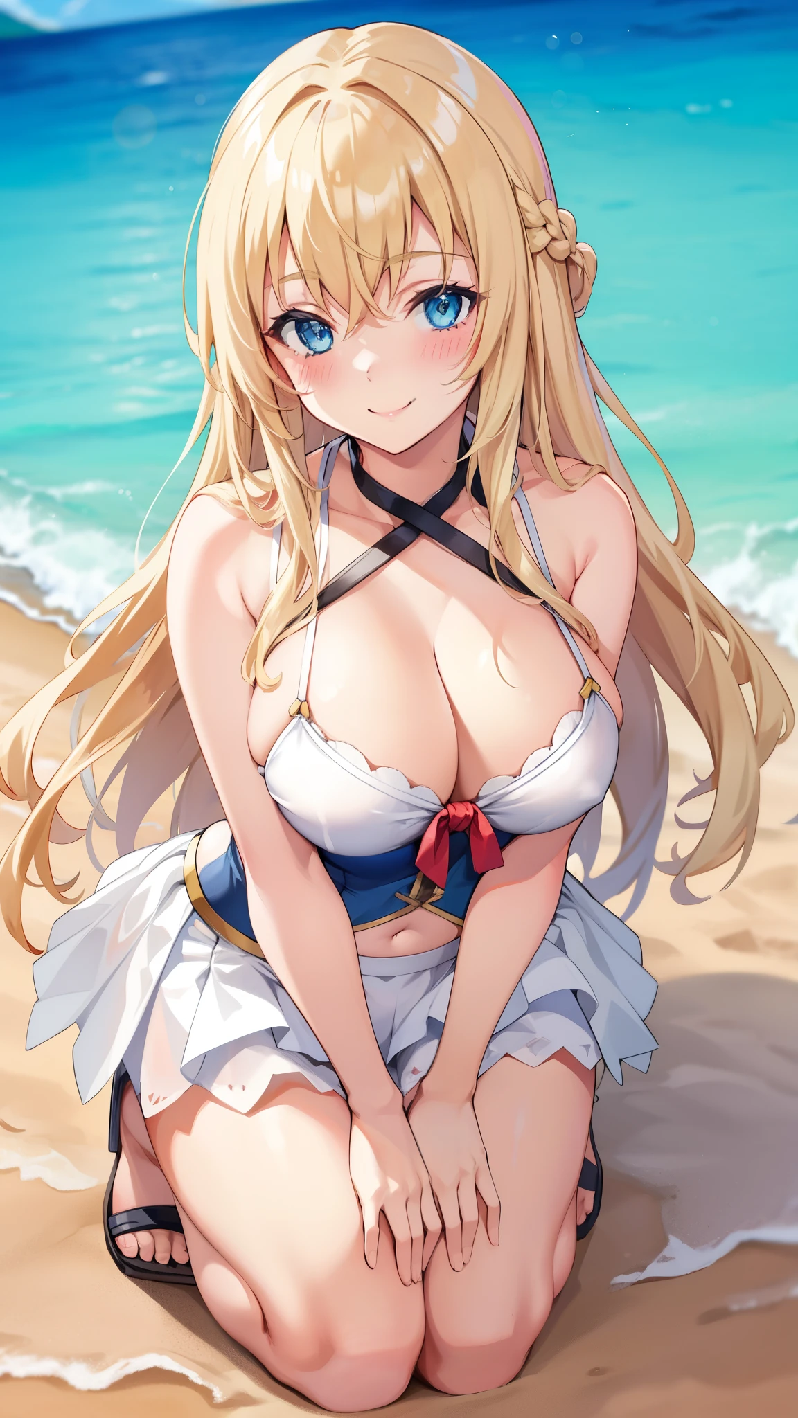 blonde hair,blue eyes,long hair,smile,,,,solo,suimsuit,big breasts,saggy breasts,kneeling,blush,resort beach,french braid