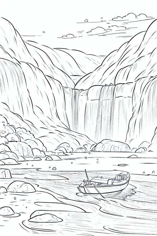 A old man in center of image, fishing rod in hand, large modern boat, river between mountains, small and large rocks, waterfall in background, (only outline used), outline, ((white background)), details of frame, sun between clouds, no color (coloring page), the drawing lines only, free line on paper, sketch style, no background, clean lines only.