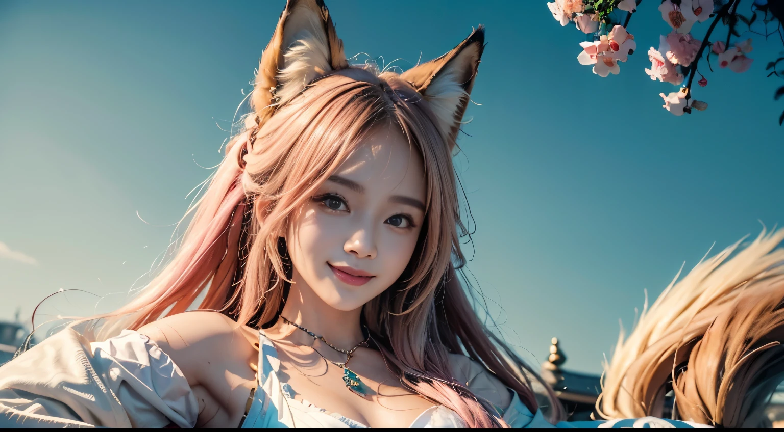 1 girl,Solitary, 幸福Smile的官方艺术, Smile,Unity 8K wallpaper, Super detailed, fair and aesthetic, fair, masterpiece, best quality, Fox Demon, Fox Mask, Pink and white haori jacket, Foxfire Curse, Fox is familiar, Transformation,Depth of Field
