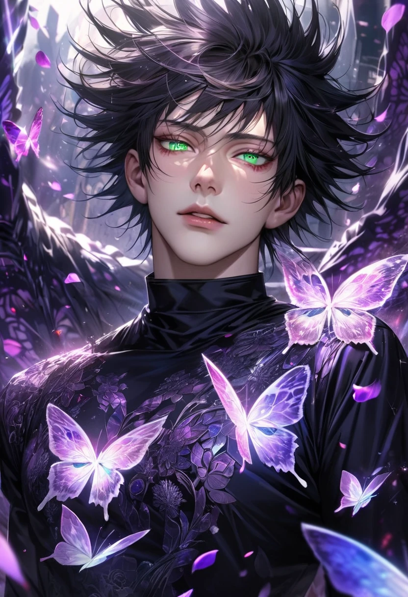 Ultra detailed, Highres, absurdres, HDR, master piece, Fushiguro Megumi, black hair, expressive green eyes, Jujutsu Kaisen, black long coat with patterns, purple ice flowers, petals, extremely handsome, sexy man, solo, extremely detailed eyes and face, purple ice, purple ice glittering butterflies, black tight t-shirt, realistic face, glittering, glittering eyes, white wolf,