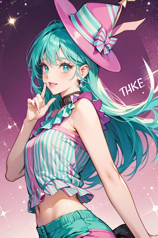 She is a dark pink with purple lips and dorsal fin who wears a pale green shirt with a teal collar, teal shorts, and a red and white striped birthday party hat. SPARKLE; GLITTER