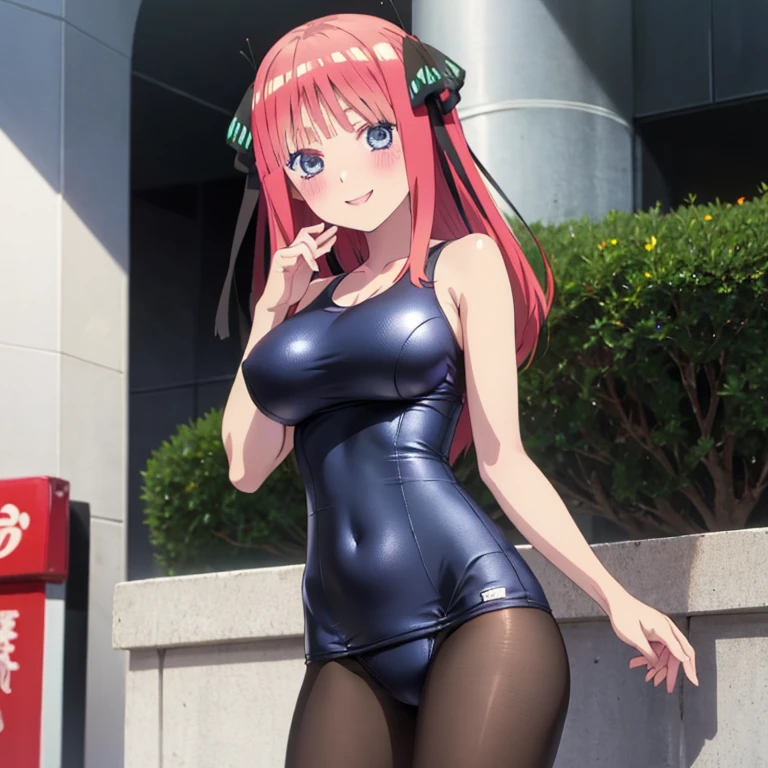 best quality, ultra-detailed masterpiece, anime art style, cute characters, nino nakano, large breasts, blush, smile, one-piece swimsuit, pantyhose