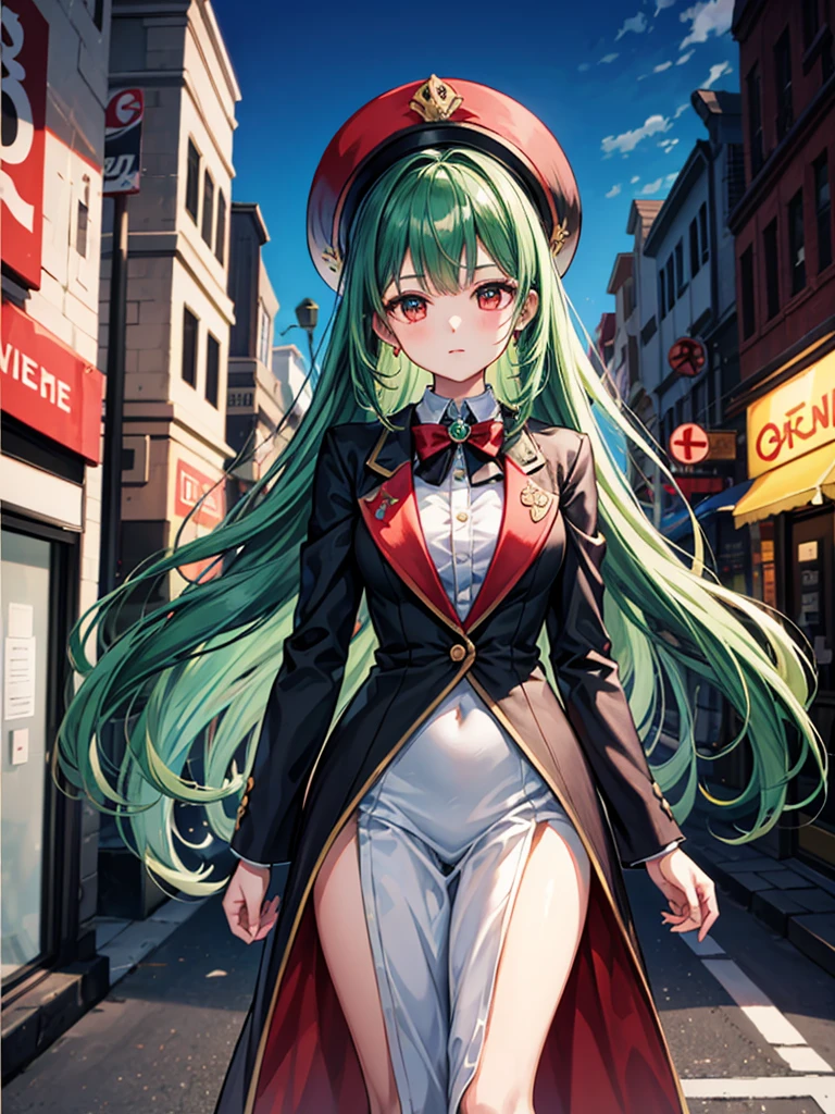 （（（masterpiece、Highest image quality、highest quality、highly detailed unity 8ｋwallpaper）））、（（Illustration of one girl））、（（（beautiful girl）））、（（green hair、long hair、straight、red eyeen、silk hat、tuxedo）、street corner