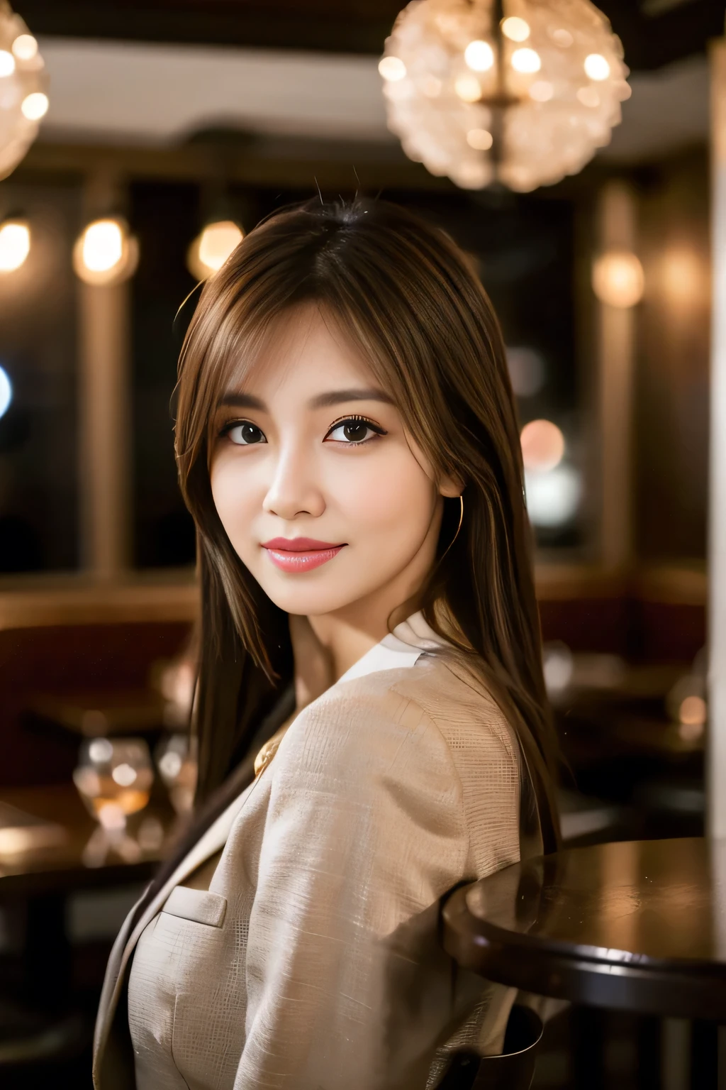 masterpiece, highest quality, Realistic, Very detailed, Finer details, High resolution, 8k wallpaper, One beautiful woman, Wear casual business attire, In a great restaurant, At night, Light brown messy hair, Perfect dynamic composition, Beautiful and beautiful eyes