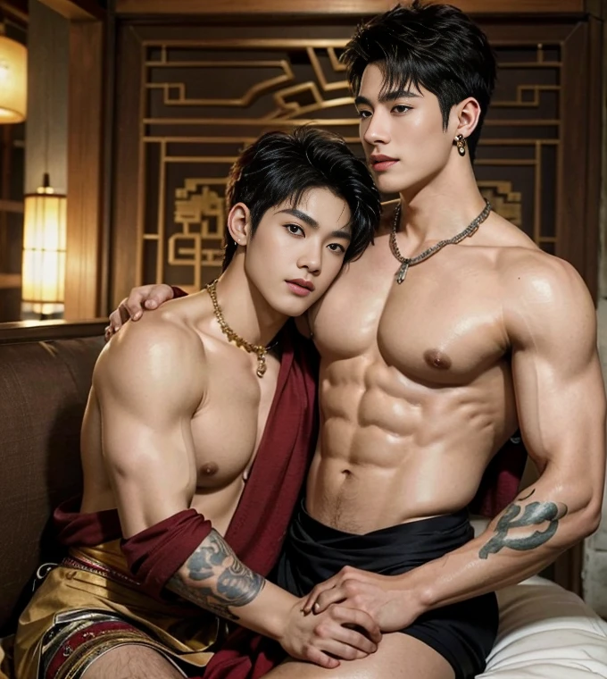 Two handsome boys fucking,have sex, smiling at each other,hugging, kissing, touching lips, cuddle, romantic,skin ship, sexy position, Chinese Men God, Mythology, realistic, Chinese odyssy, super Handsome,manly, kpop idol, handsome korean actor, 20 years old,, detailed face, manly jawline, detailed mess curly styling hair, Topless, Muscles, big breast Athlete body, Full Frame,full body shoots, Sexy, realistic, human skin, tattoo breast, Professional studio Lighting, long red tibet wedding Outfit, jade and golden pendent all over , detailed jewery in dress, earings,,look at camera , open mouth, sexy loincloth Underwear, tibetan Warrior, ancient Hanfu red long dress, tibetan Male, tibet Nobel, Seduce, Sex Appeals , naked body, tattoo chest, tattoo arms, tattoo hands, tattoo back, tattoo legs ,super big cock, long big dick masturbate,detailed dick and ball, dick in correct shape, nice bare butts, Chinese ancient buddism temple Background,out door background, super detailed background, tibetan decorate,