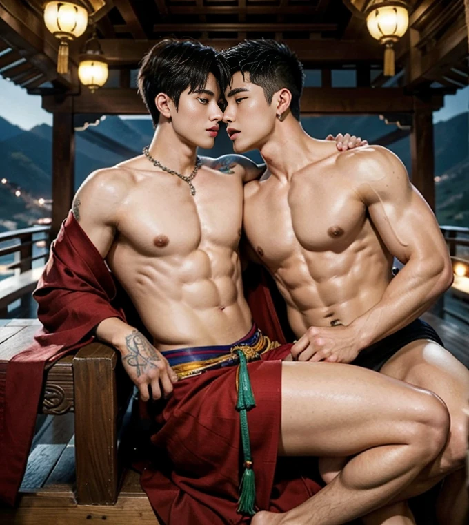 Two handsome boys fucking,have sex, smiling at each other,hugging, kissing, touching lips, cuddle, romantic,skin ship, sexy position, Chinese Men God, Mythology, realistic, Chinese odyssy, super Handsome,manly, kpop idol, handsome korean actor, 20 years old,, detailed face, manly jawline, detailed mess curly styling hair, Topless, Muscles, big breast Athlete body, Full Frame,full body shoots, Sexy, realistic, human skin, tattoo breast, Professional studio Lighting, long red tibet wedding Outfit, jade and golden pendent all over , detailed jewery in dress, earings,,look at camera , open mouth, sexy loincloth Underwear, tibetan Warrior, ancient Hanfu red long dress, tibetan Male, tibet Nobel, Seduce, Sex Appeals , naked body, tattoo chest, tattoo arms, tattoo hands, tattoo back, tattoo legs ,super big cock, long big dick masturbate,detailed dick and ball, dick in correct shape, nice bare butts, Chinese ancient buddism temple Background,out door background, super detailed background, tibetan decorate,