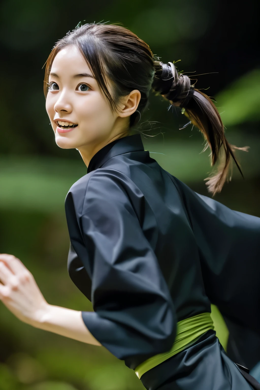 skinny Japanese woman in black Ninja kimono costume running to escape in the dark forest, beautiful face, ((detailed face, detailed eyes)), high quality, high resolution, hyperrealistic photo, award-winning, masterpiece