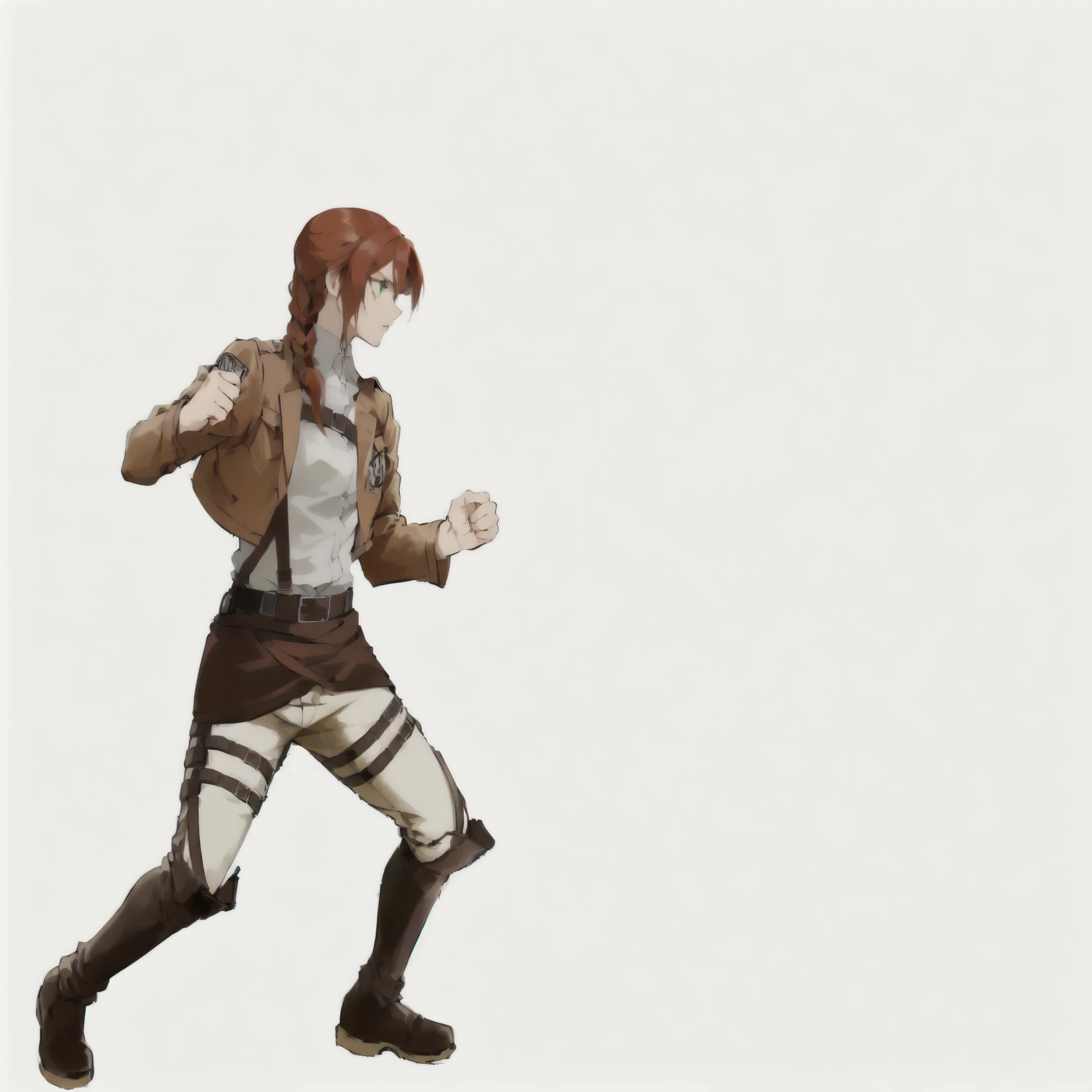 attack on titan, anime, character design, 1girl, auburn red hair, braided hair, green eyes, facing sideways, sideshot, cinematic, close combat, attack posture, angry, blank background, wearing white shirt, brown jacket 4k, female protagonist, official character art,fighter pose