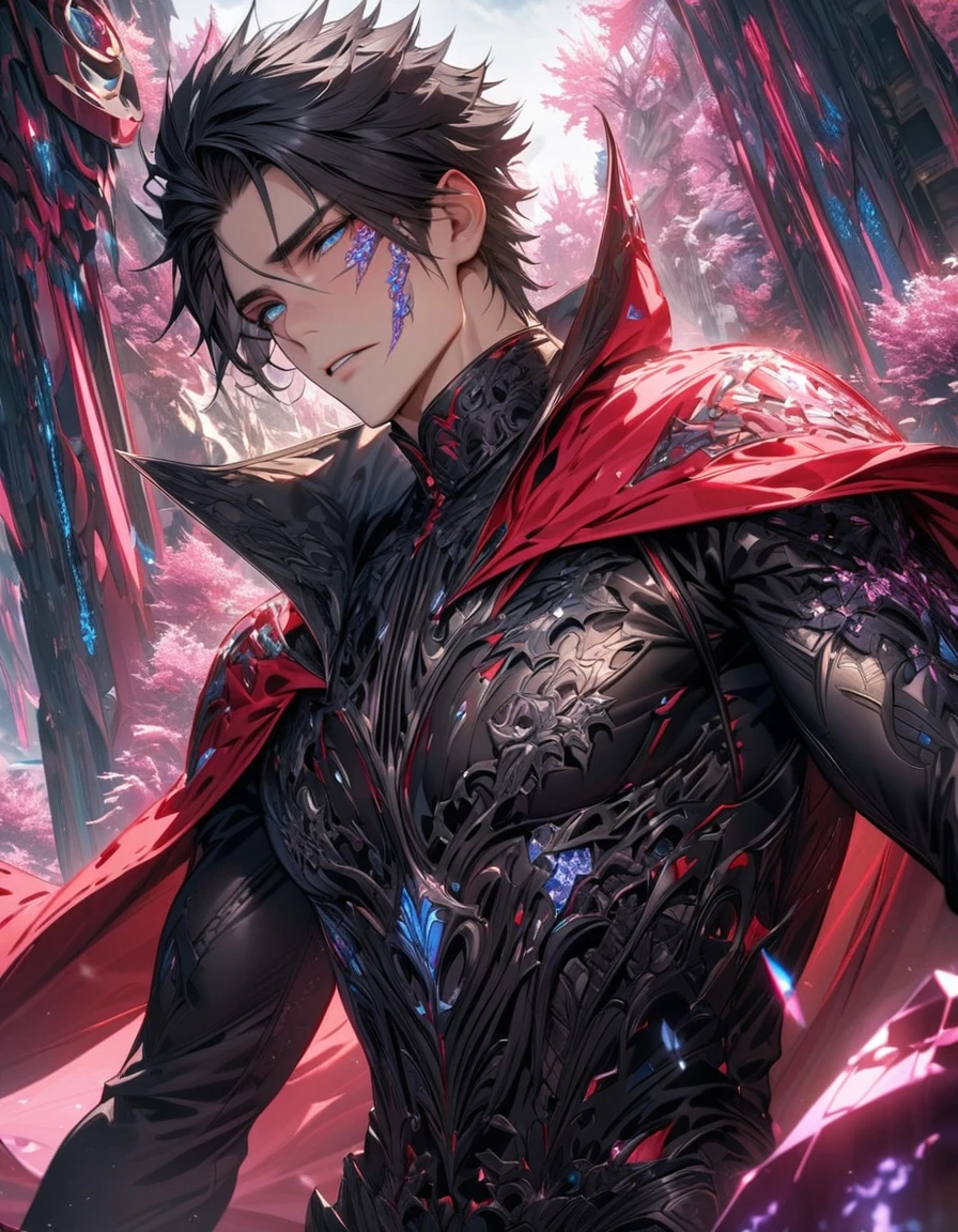 absurdres, highres, ultra detailed, HDR, masterpiece, extremely detailed face and eyes, Machina, black hair, expressive blue eyes, Final Fantasy Agito, solo, sexy man, handsome, black clothes, red cape, patterns, pink ice trees, pink ice flowers, pink ice butterflies