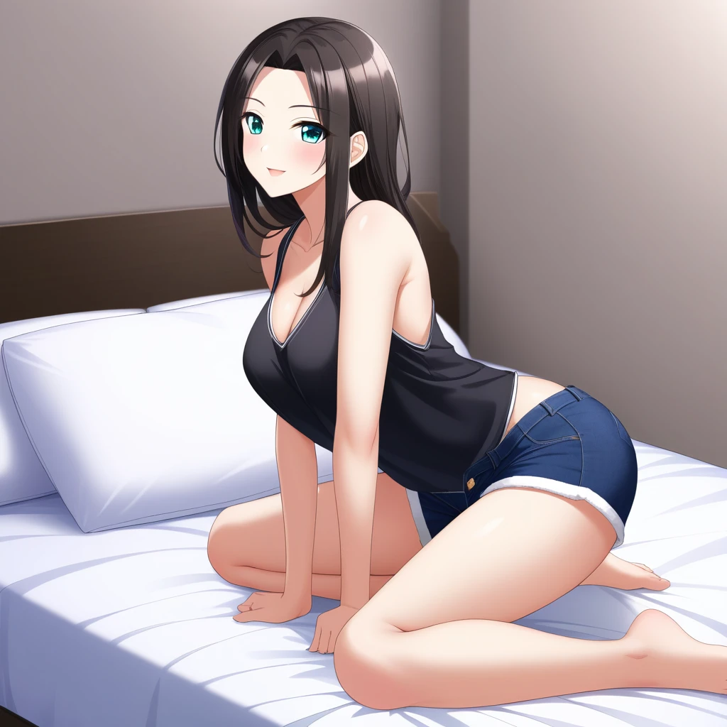 (high quality、high resolution、masterpiece)、1 Girl、On the bed、Tank top、Shorts、barefoot、chest、Beautiful face、Beautiful body