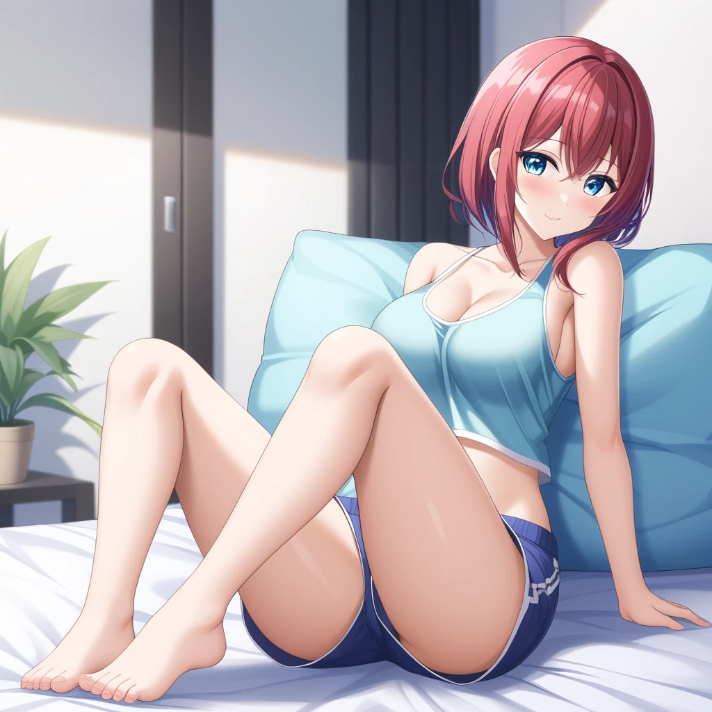 (high quality、high resolution、masterpiece)、1 Girl、On the bed、Tank top、Shorts、barefoot、chest、Beautiful face、Beautiful body