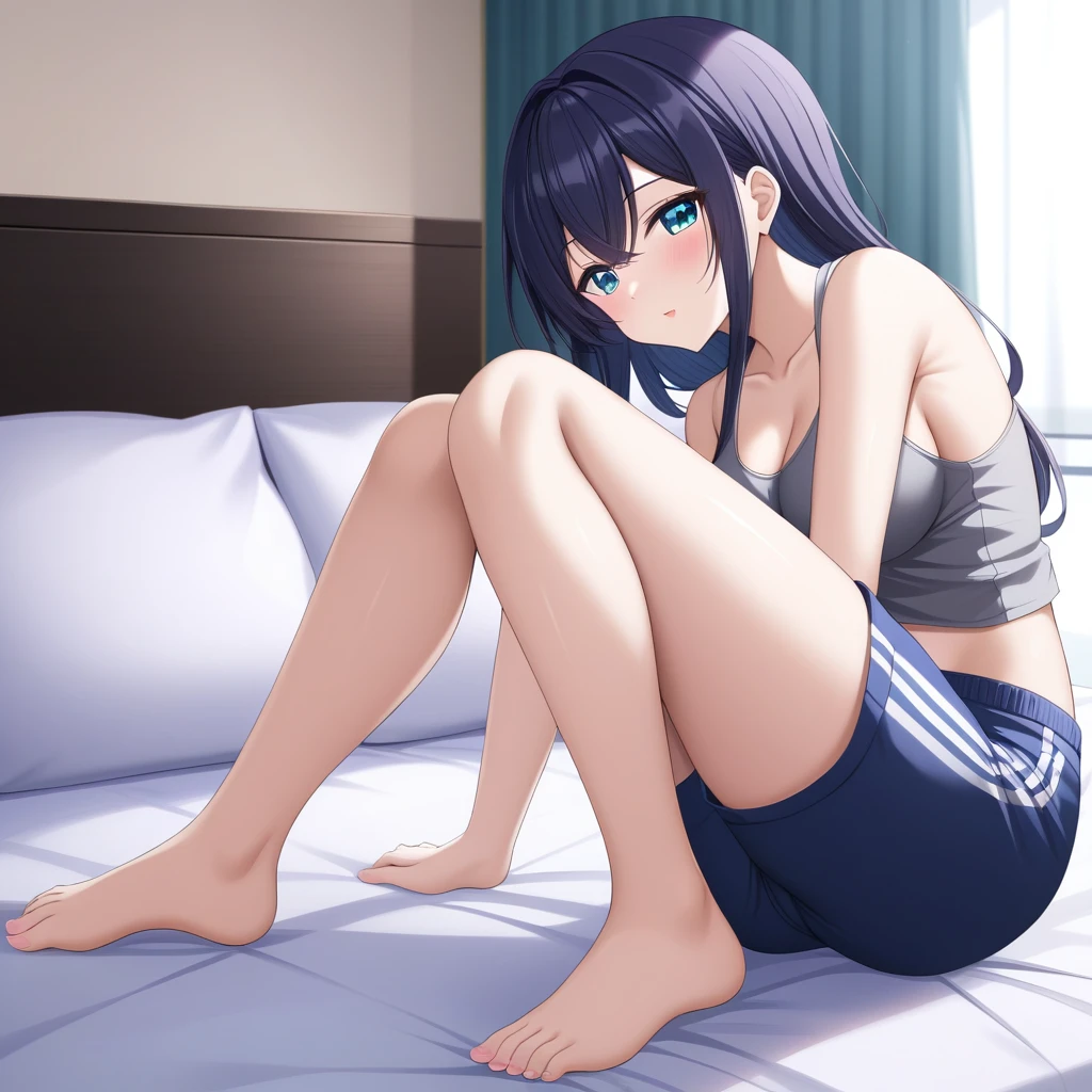 (high quality、high resolution、masterpiece)、1 Girl、On the bed、Tank top、Shorts、barefoot、chest、Beautiful face、Beautiful body