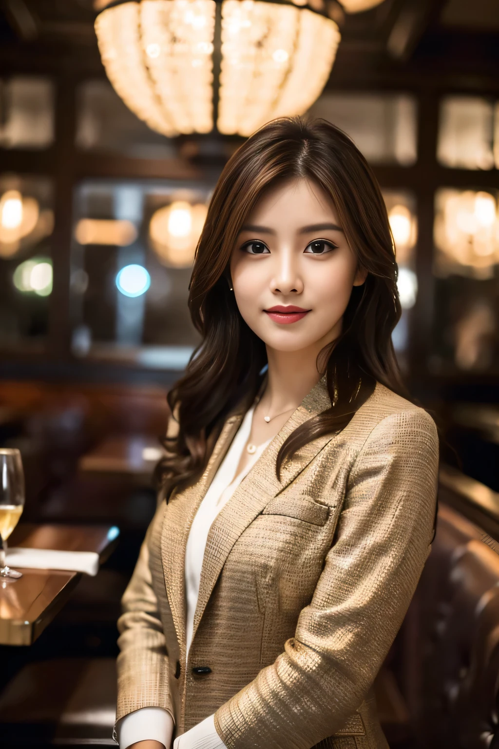 masterpiece, highest quality, Realistic, Very detailed, Finer details, High resolution, 8k wallpaper, One beautiful woman, Wear casual business attire, In a great restaurant, At night, Light brown messy hair, Perfect dynamic composition, Beautiful and beautiful eyes