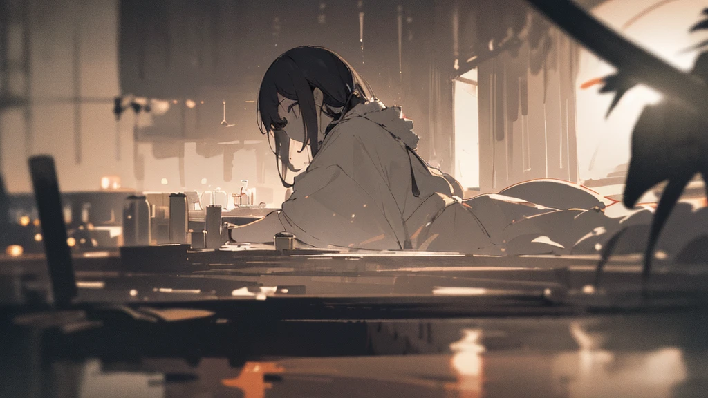 (masterpiece、highest quality)、Warm lighting、 Blurred foreground、Deep in the night、High Contrast,it's snowing,Black night,full moon,universe,planet,Moon and Earth,Ruined World,Very long white hair,Princess Kaguya,There is a lot of bamboo growing