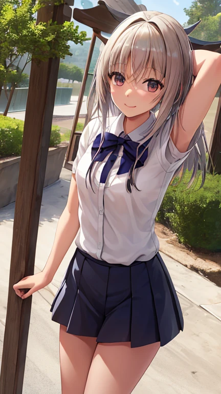 grande , Obra maestra, mejor calidad, high resolution, aakikyo, cabello corto, ingestas de cabello, diadema blanca, pajarita azul, camisa de cuello, chaqueta de sport, chaqueta roja, mangas largas, falda blanca, falda plisada, calcetines negros, tiro de vaquero, de pie, al aire libre, directo, brazos a los costados, sonrisa, boca abierta, grueso