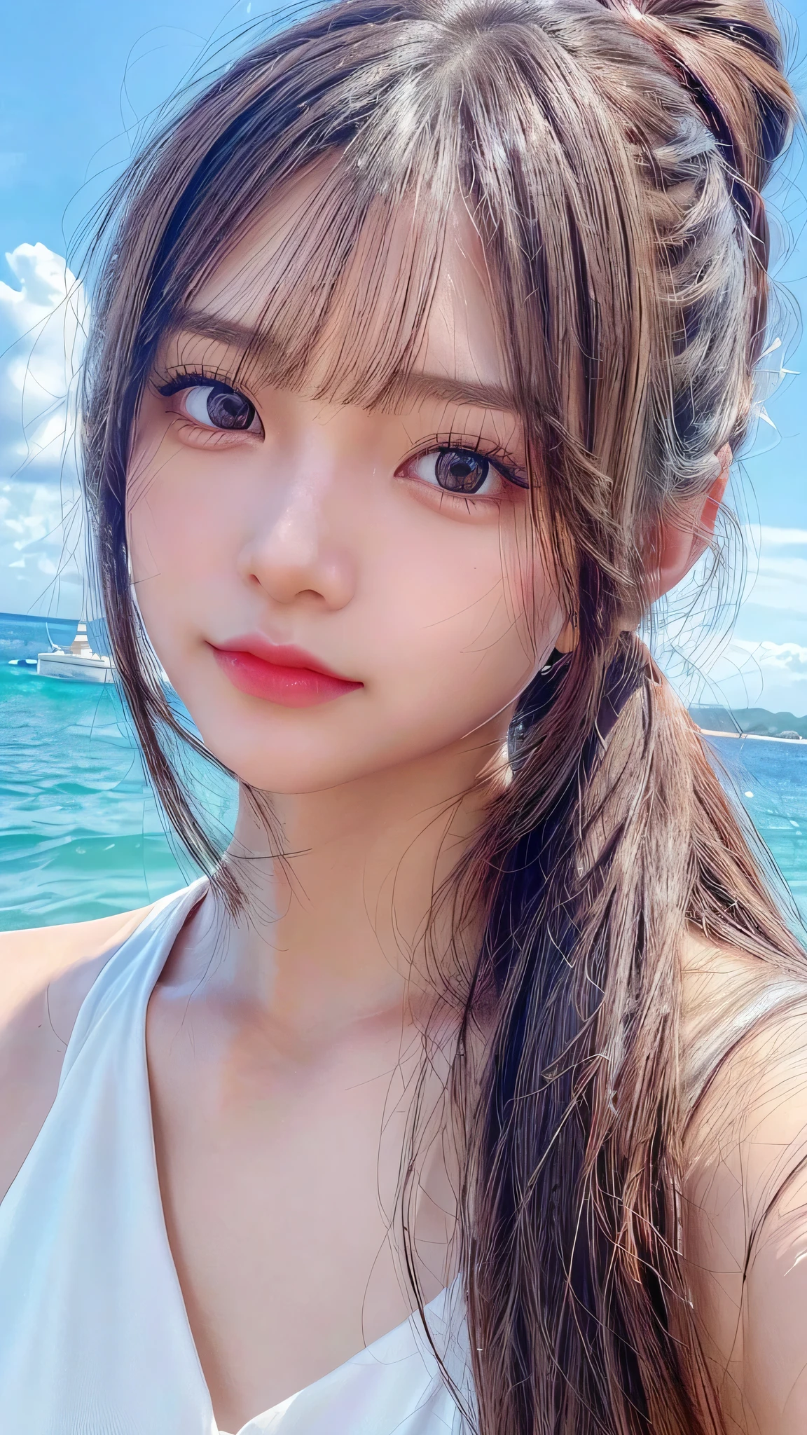 Beach,resort,white bikini,Close-up of face,Blushing,Facing forward,Close-up of face,Small breasts,,Long hair ponytail,((8K, Raw photo, Best Quality, Mastepiece:1.2), (Realism, Photorealistic:1.4), (Highly detailed 8K wallpapers), Depth of written boundary, Cinematic Lighting, Soft Light, Detailed Beauty Eye,Shiny and smooth light brown ponytail, Asymmetrical bangs, Shiny skin, Ultra-detailed skins ,It is high resolution., High detail, Detailed hairstyle, Detailed facial beauty, Hyper-realistic, Perfect limbs, Perfect Anatomy ,1 Japanese girl,Famous Japanese Idols, Perfect female body,A shy smile,Short eyelashes,Double-edged eyelids,Look straight here,Hair style: ponytail,Close-up of face