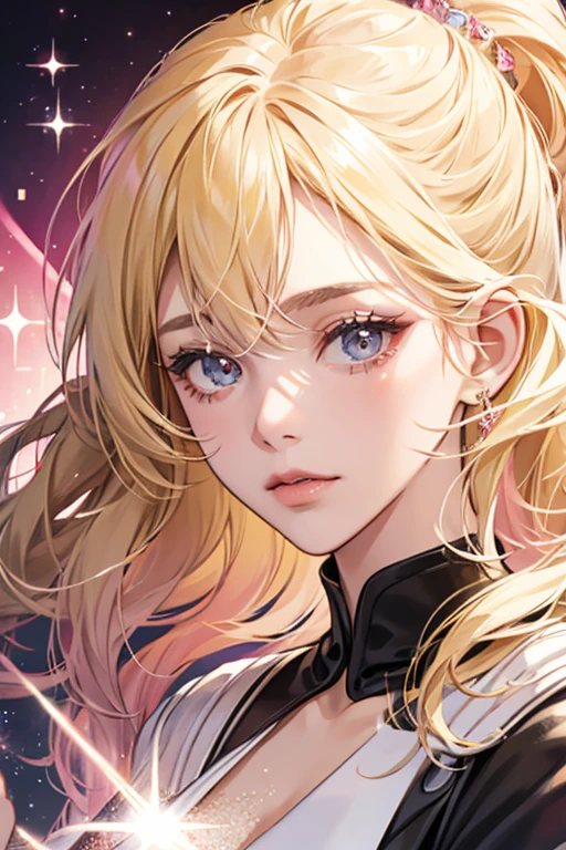 She is a blonde hair pink . SPARKLE; GLITTER