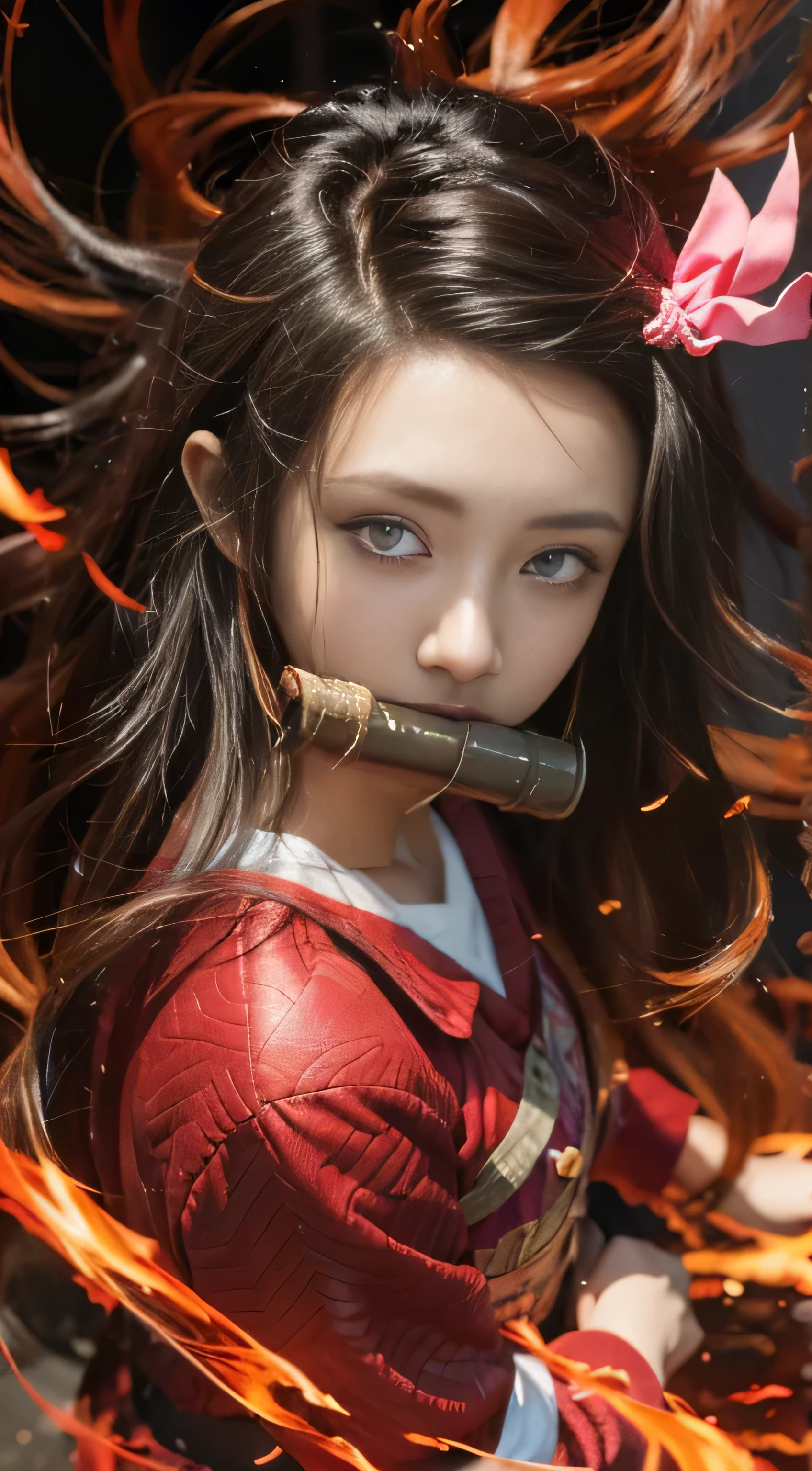a girl with long hair and a bow in her hair, nezuko, nezuko-chan, demon slayer artstyle, demon slayer rui fanart, ayaka genshin impact, rin tohsaka, official artwork, demon slayer, tanjiro kamado, flaming katana, kawacy, anime visual of a cute girl
