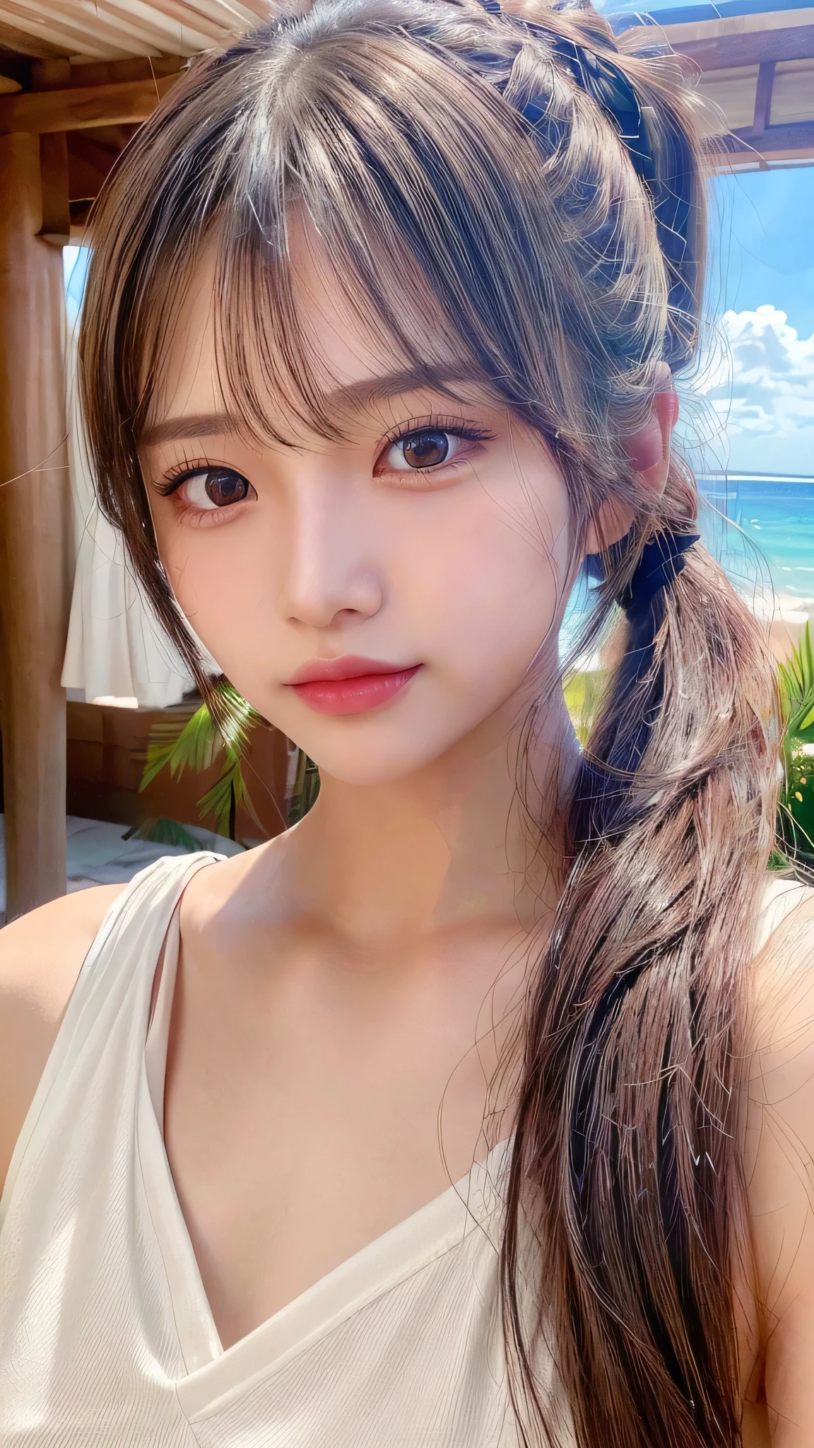 Beach,resort,white bikini,Close-up of face,Blushing,Facing forward,Close-up of face,Small breasts,,Long hair ponytail,((8K, Raw photo, Best Quality, Mastepiece:1.2), (Realism, Photorealistic:1.4), (Highly detailed 8K wallpapers), Depth of written boundary, Cinematic Lighting, Soft Light, Detailed Beauty Eye,Shiny and smooth light brown ponytail, Asymmetrical bangs, Shiny skin, Ultra-detailed skins ,It is high resolution., High detail, Detailed hairstyle, Detailed facial beauty, Hyper-realistic, Perfect limbs, Perfect Anatomy ,1 Japanese girl,Famous Japanese Idols, Perfect female body,A shy smile,Short eyelashes,Double-edged eyelids,Look straight here,Hair style: ponytail,Close-up of face