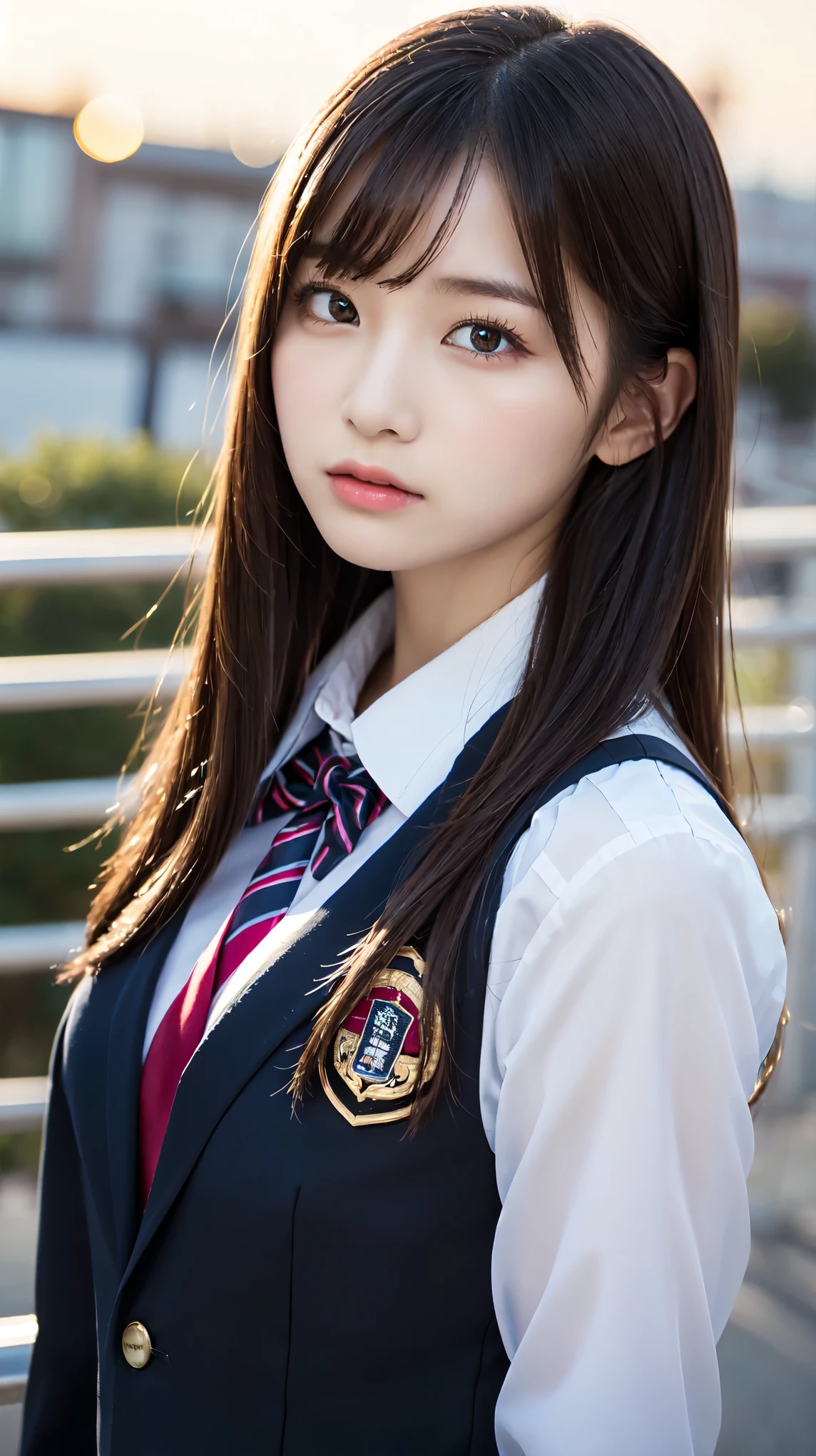 (Beautiful and detailed skin,Perfect Anatomy),At dusk,Sunset sky,School building,Schoolyard,,cute,single eyelid,Long black hair,School Blazer Uniform,Bust up shot, Beautiful detailed girl, very detailed eyes and face, Beautiful and beautiful eyes, ((Japanese Girls, High School Uniform)), Official Art,Highly detailed CG Unity 8k wallpaper, (masterpiece:1.0),(highest quality:1.0), photo shoot, 8k, Browsing Caution, High resolution, Kodak Portrait 400, Film Grain, Lens flare brilliance,View your viewers