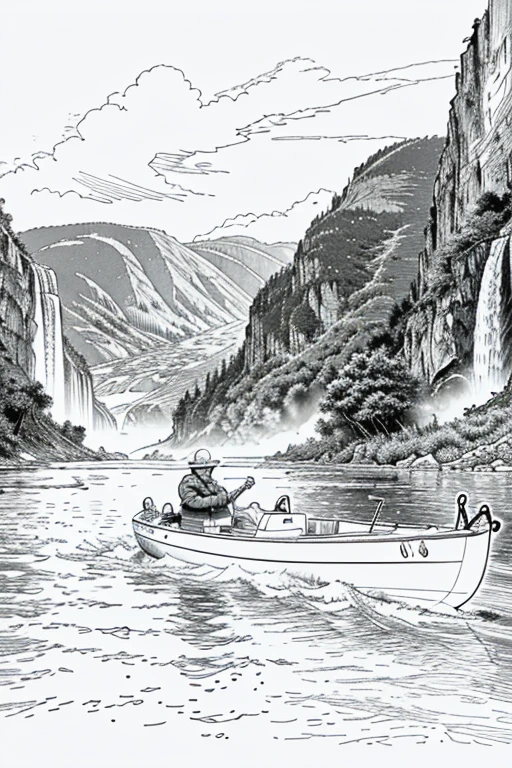 A old man in center of image, fishing rod in hand, large modern boat, river between mountains, small and large rocks, waterfall in background, (only outline used), outline, ((white background)), details of frame, sun between clouds, no color (coloring page), the drawing lines only, free line on paper, sketch style, no background, clean lines only.