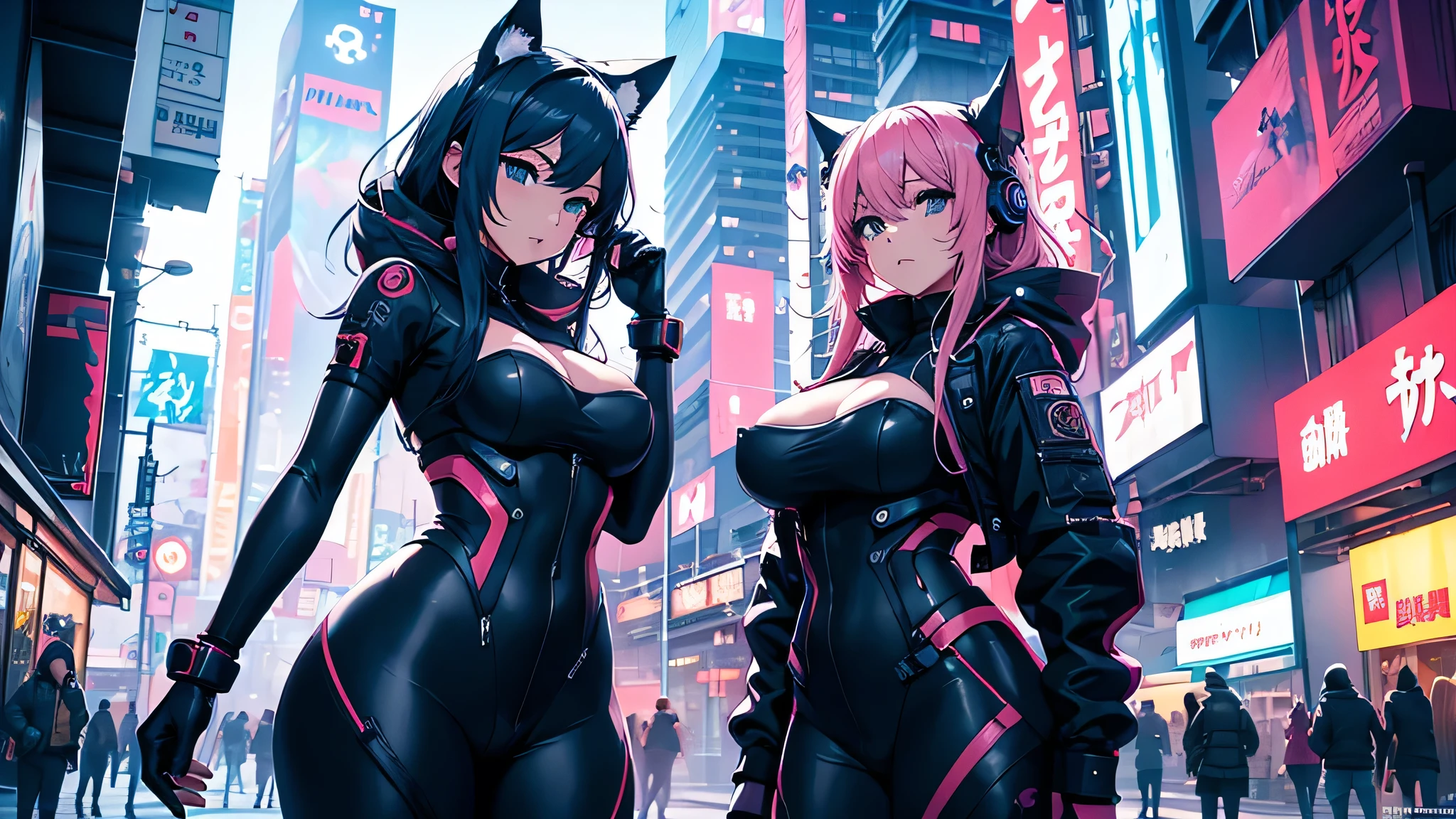 Chicas anime en catsuits posando en una ciudad por la noche., oppai ciberpunk, anime ciberpunk art, anime ciberpunk, arte del anime ciberpunk, digital arte del anime ciberpunk, ciberpunk digital - arte anime, anime ciberpunk moderno, anime ciberpunk digital!!, mejor fondo de pantalla de anime 4k konachan, chica anime cyberpunk femenina, en la ciudad ciberpunk, tendencia en cgstation, mujeres ciberpunk