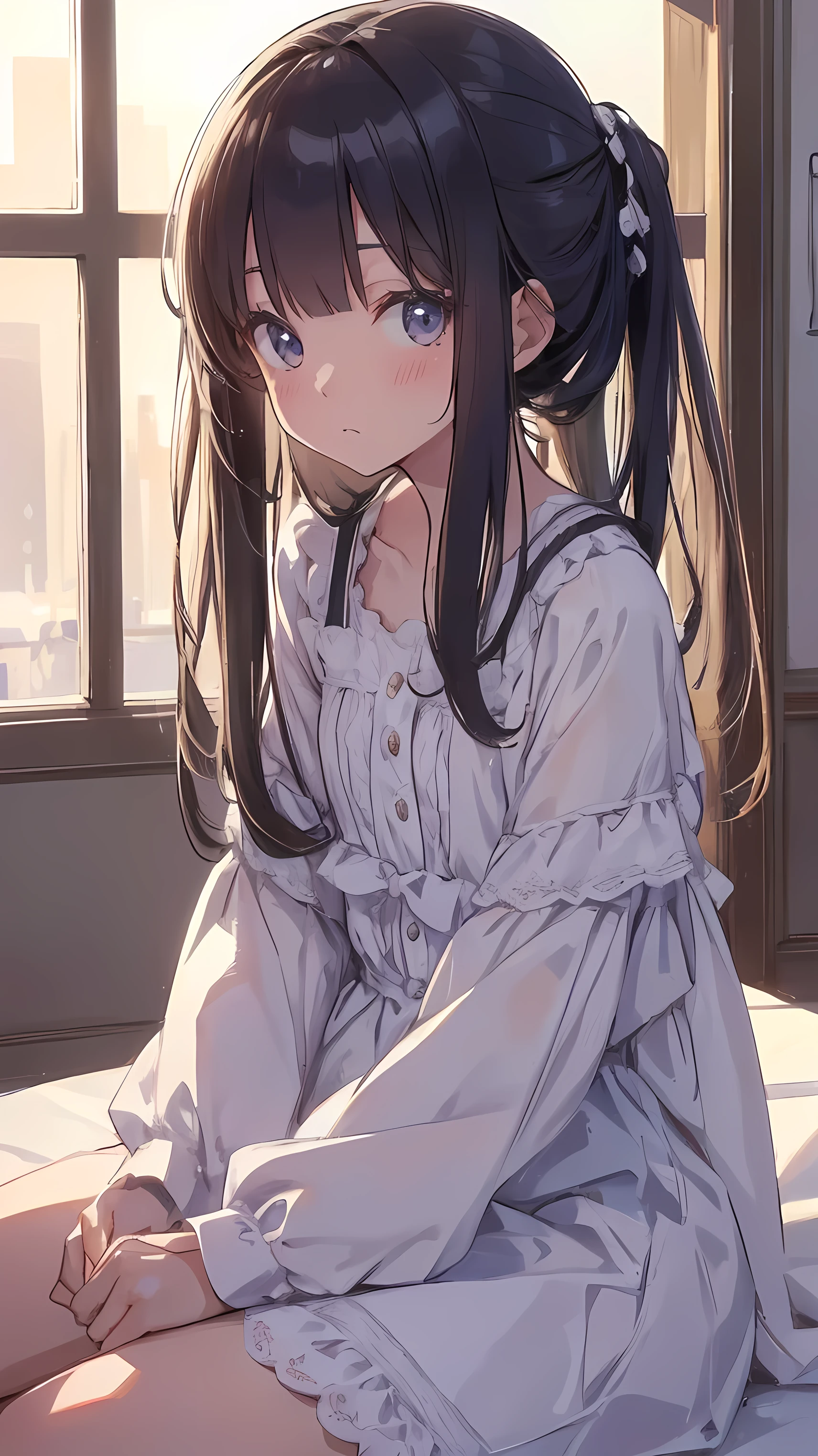 Masterpiece、Highest quality、highest quality、(((Lori)))、 ((((Petite))))、Moist and shiny hair、Small face、Sitting、Super detailed, beautiful, wide eyes、Ultra-detailed, clear and beautiful faces、(cute illustration:1.2), High-resolution, ultra-detailed, best quality, embarrassed