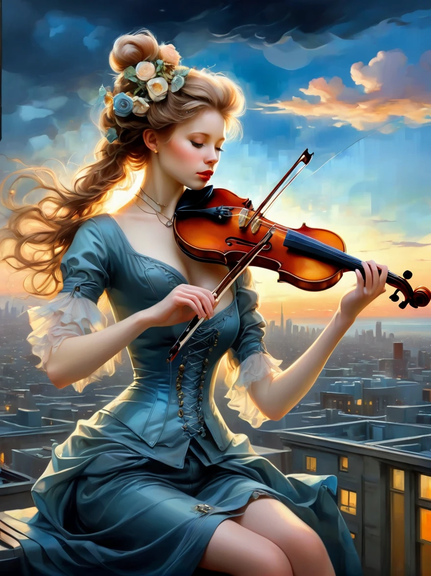 A soulful musician playing the violin on a rooftop at dusk, sheet music, musical notes, reflective, city skyline, dramatic sunset, surrealistic oil painting by James Jean, Van Gogh, Mark Ryden, and Robbie Trevino, pop cyberpunk steampunk flowerpunk, atompunk, cinematic, wallpaper