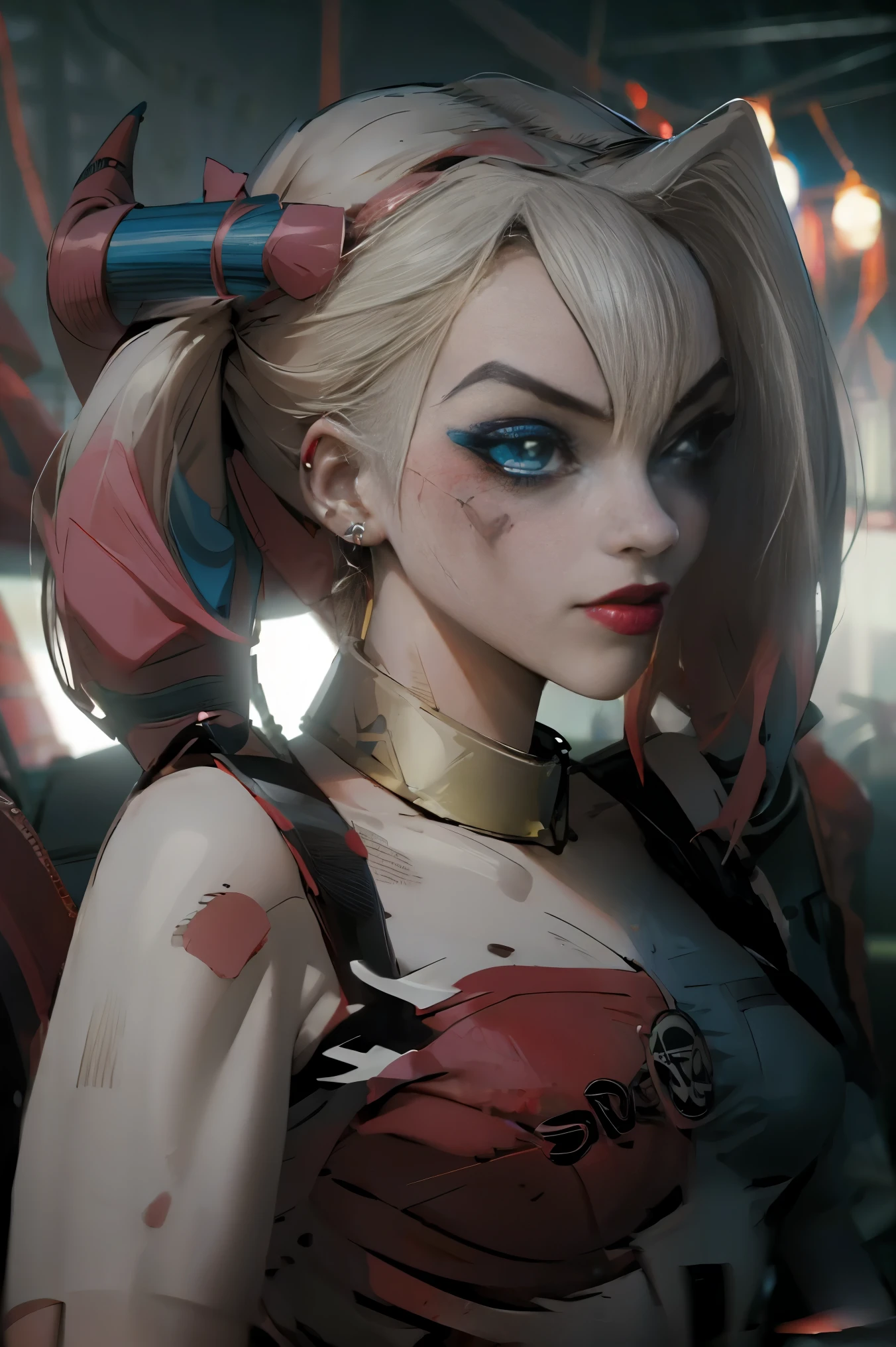 Maga oscura gils vestida de Harley Quinn. Tiene cabello rubio y negro. Ojos azules. Labios rojos. Dark magician gils is dressed as Harley Quinn. Pose sensual y inocente. Fondo de circo 