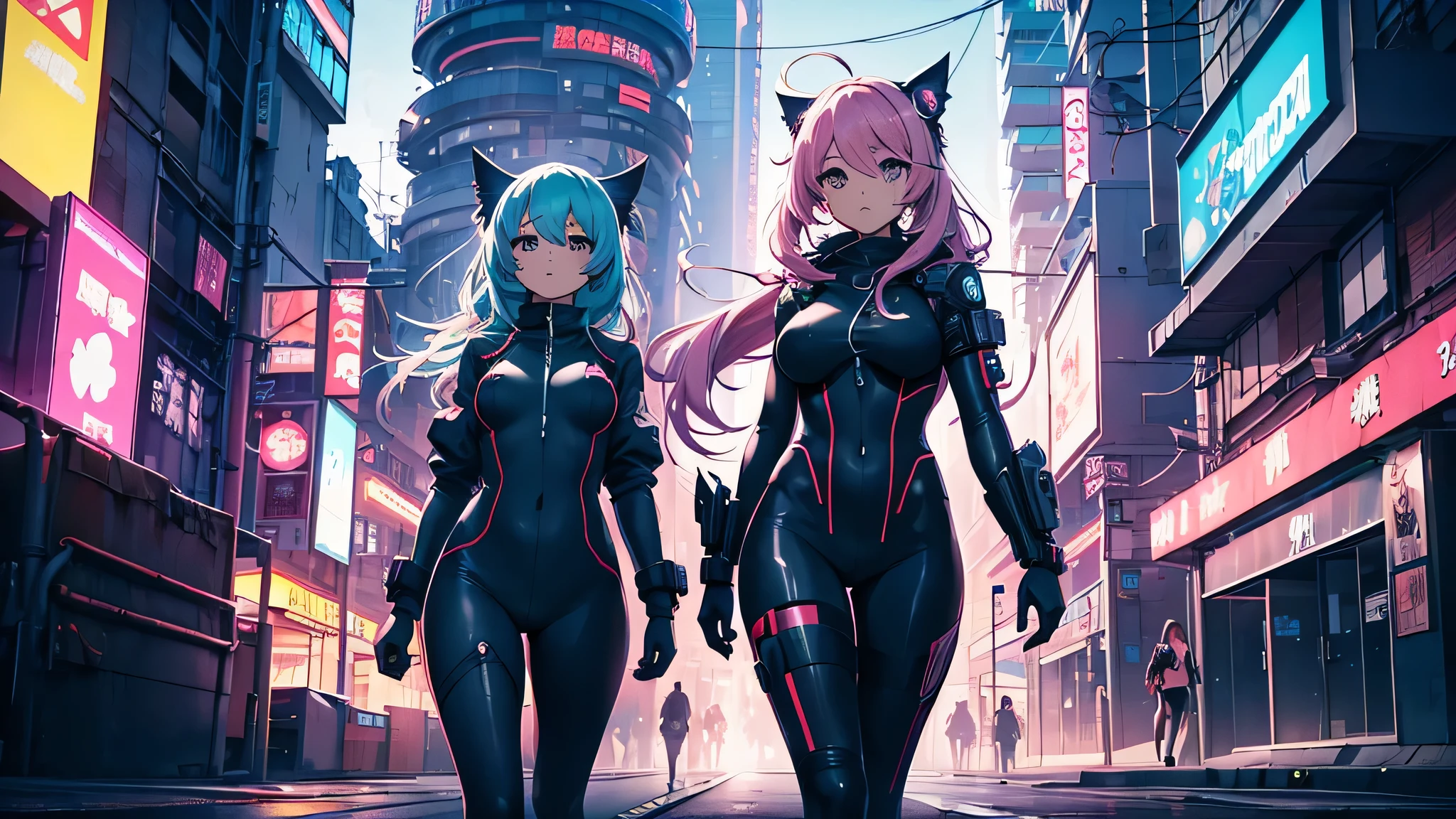 Chicas anime en catsuits posando en una ciudad por la noche., oppai ciberpunk, anime ciberpunk art, anime ciberpunk, arte del anime ciberpunk, digital arte del anime ciberpunk, ciberpunk digital - arte anime, anime ciberpunk moderno, anime ciberpunk digital!!, mejor fondo de pantalla de anime 4k konachan, chica anime cyberpunk femenina, en la ciudad ciberpunk, tendencia en cgstation, mujeres ciberpunk