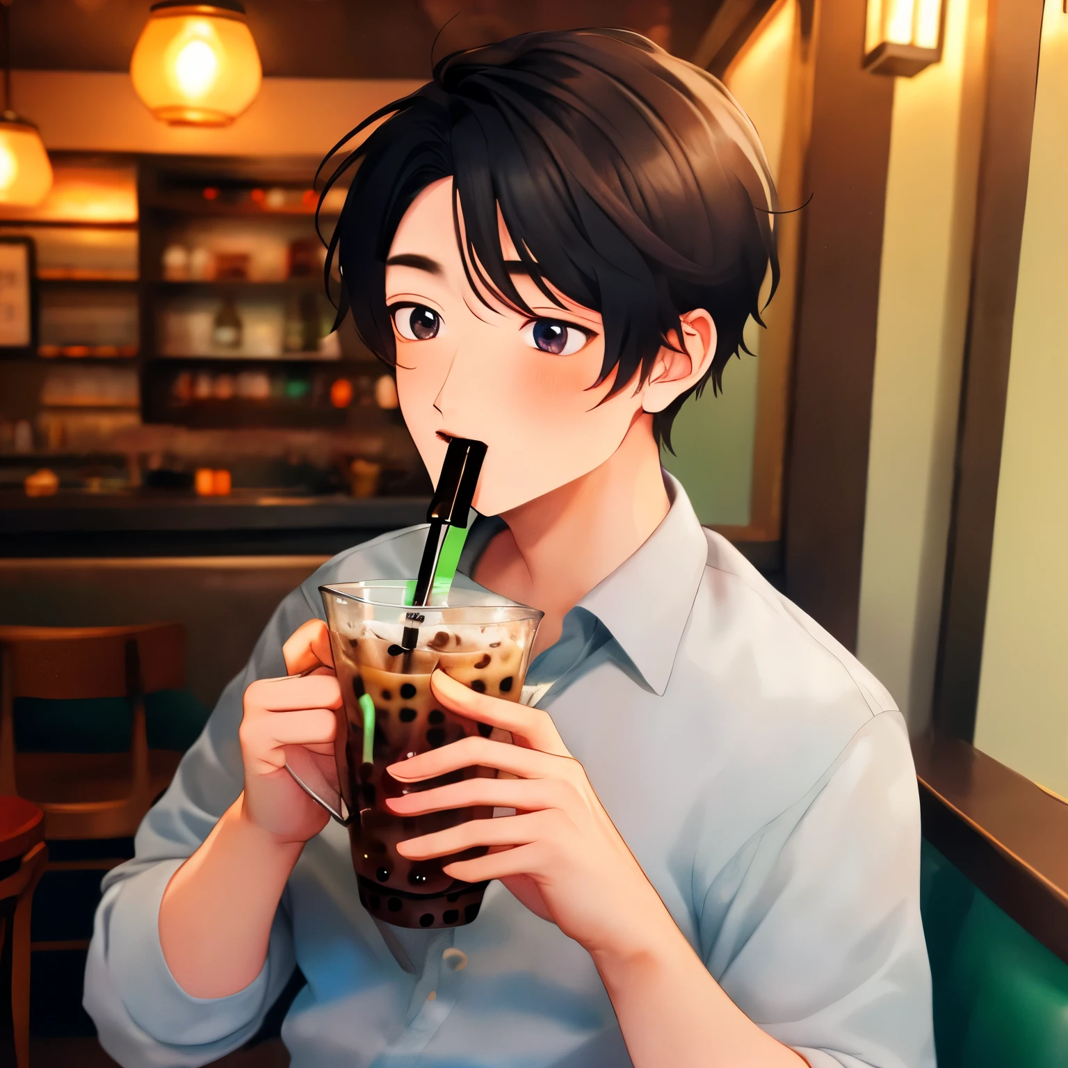 masterpiece, best quality,
bubble tea, 1boy, male focus, solo, ponytail, yellow eyes, hair over one eye, cup, black hair, facial hair, disposable cup, bubble tea challenge , shirt, background text, drinking straw, drinking , bangs, long hair, upper body, collared shirt, vest, wall of text, white shirt, stubble