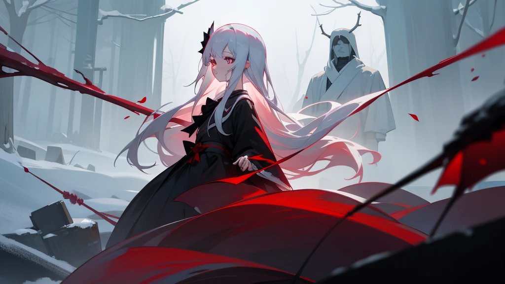 Deep Darkness、Bloodbath、、Forgotten memories、The end of silence、Endless sadness、Withered roses、Lead and crimson despair、Japan Dresses、Best image quality、Crimson Rose,Shortcuts,White Hair,Gray Hair,snow,吹snow,winter,Shortcuts,Princess Kaguya