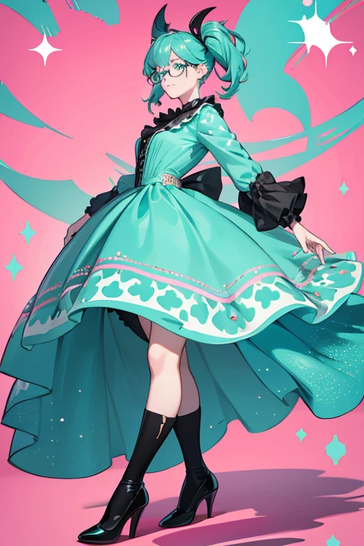 She is a pale teal with a teal dorsal fin and liver spots. She wears a pink dress, thick glasses, and black shoes. SPARKLE; GLITTER