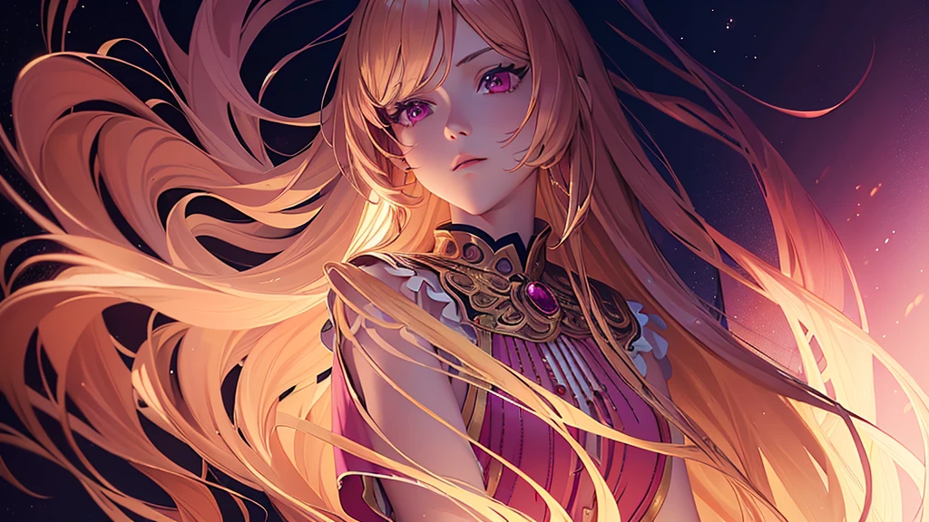 (extremely detailed CG:1.2), (masterpiece:1.2), (best quality:1.2),,((absurdres)),looking at viewer,full body, ,(1girl),solo,(long golden hair),(magenta eyes),(princess dress),dynamic angle,standing,dynamic pose,((Delicate facial features)),(majestic background),(ethereal background),(portrait),,