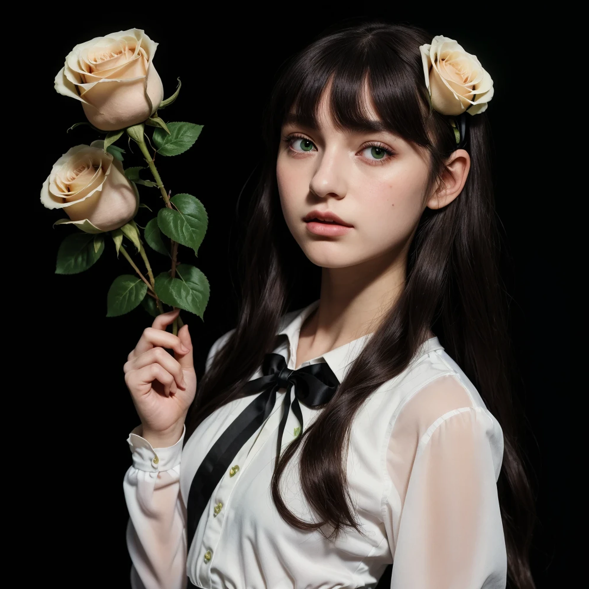 ((masterpiece, best quality)),best aesthetic,1girl, solo, long hair, black dress, flower, ribbon, black background, black hair, rose, hair ribbon, green eyes, long sleeves, white rose, closed mouth, black ribbon, upper body, cinematic lighting