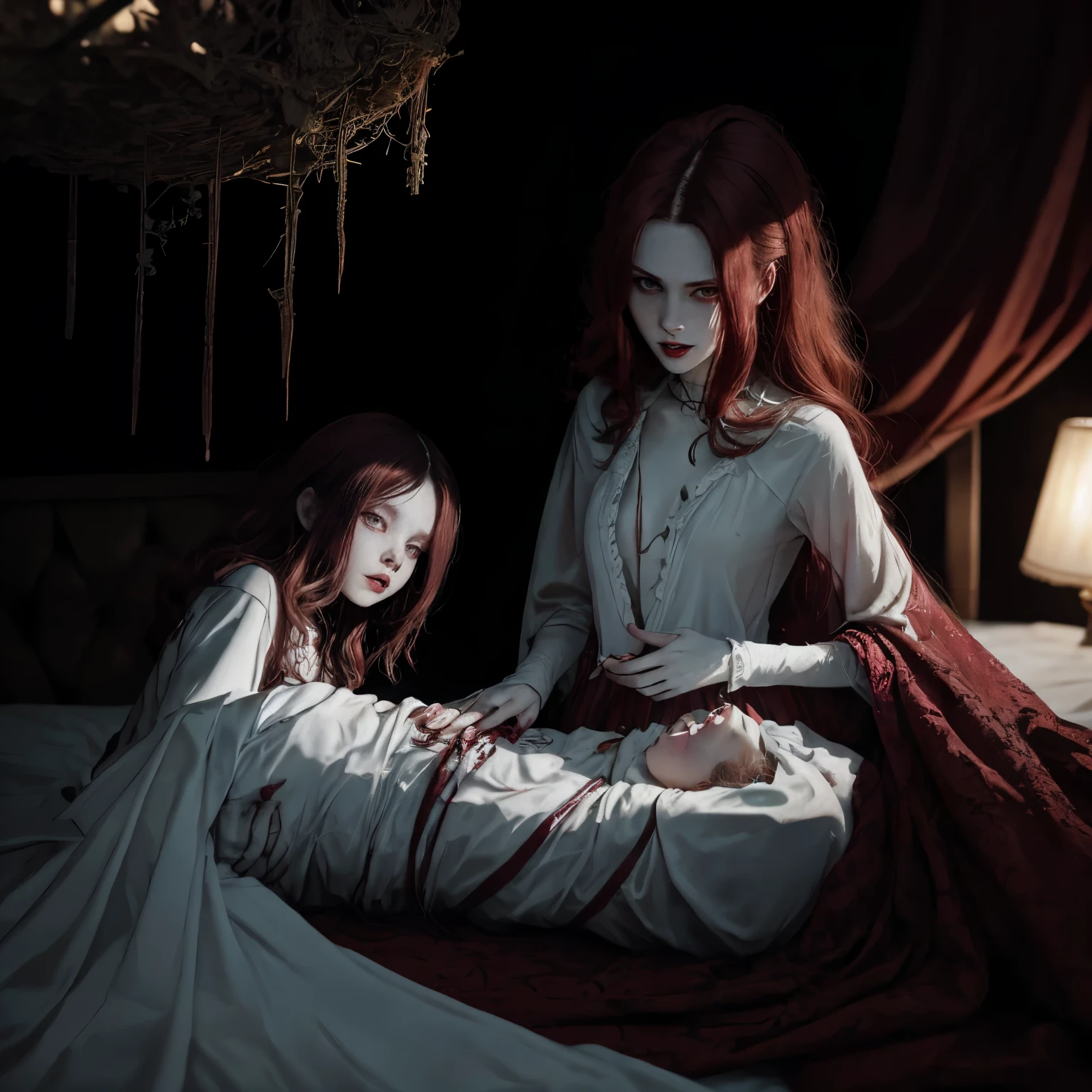 The hag entity sleep paralysis,red haired,creepy red eyes,fangs,pale skin,red wine claws,creepy white pajamas dress,children,vampire,thin body,nice hands,nice fingers,nice mouth,nice face,nice body,perfect anatomy,children hollow dark eyes,blood mouth,blood sharp teeth,blood sheet covering the feets,perfect face,masterpiece, highres, an image of a beautiful terror fairy goth,red wine hair best quality, 8k, best quality, ultra-detailed,girl, , s old,lilsis, dirty, blood pajamas dress, red wine hair,long pajamas dress,vampire, horror \(theme\), glowing eyes,holding hands, creepycute,scary,covered covering the legs,horror art, (bed:1.4)