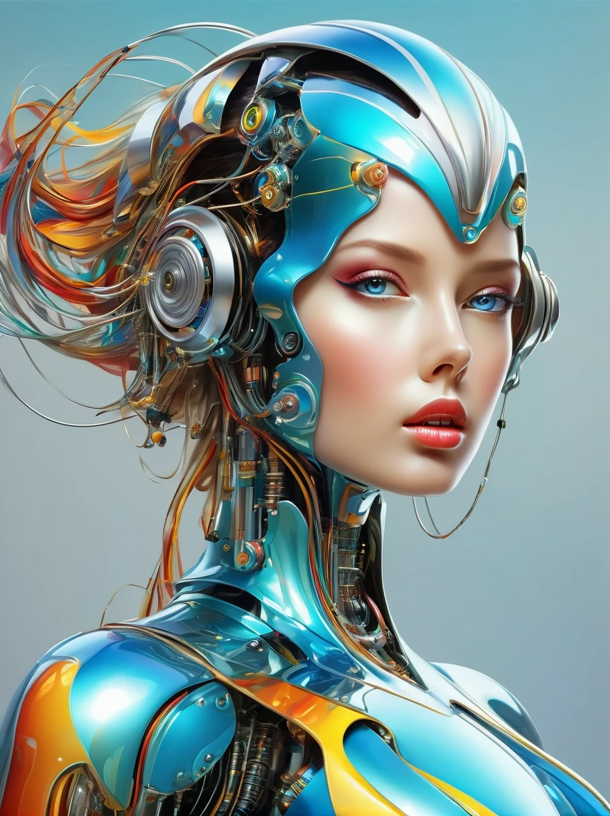 a image of a woman wearing colorful robot tech, in the style of free-flowing surrealism, shiny/glossy, precise and lifelike, hard surface modeling, precisionist lines, light silver and azure, engineering/construction and design