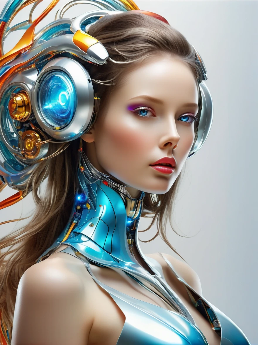 a image of a woman wearing colorful robot tech, in the style of free-flowing surrealism, shiny/glossy, precise and lifelike, hard surface modeling, precisionist lines, light silver and azure, engineering/construction and design